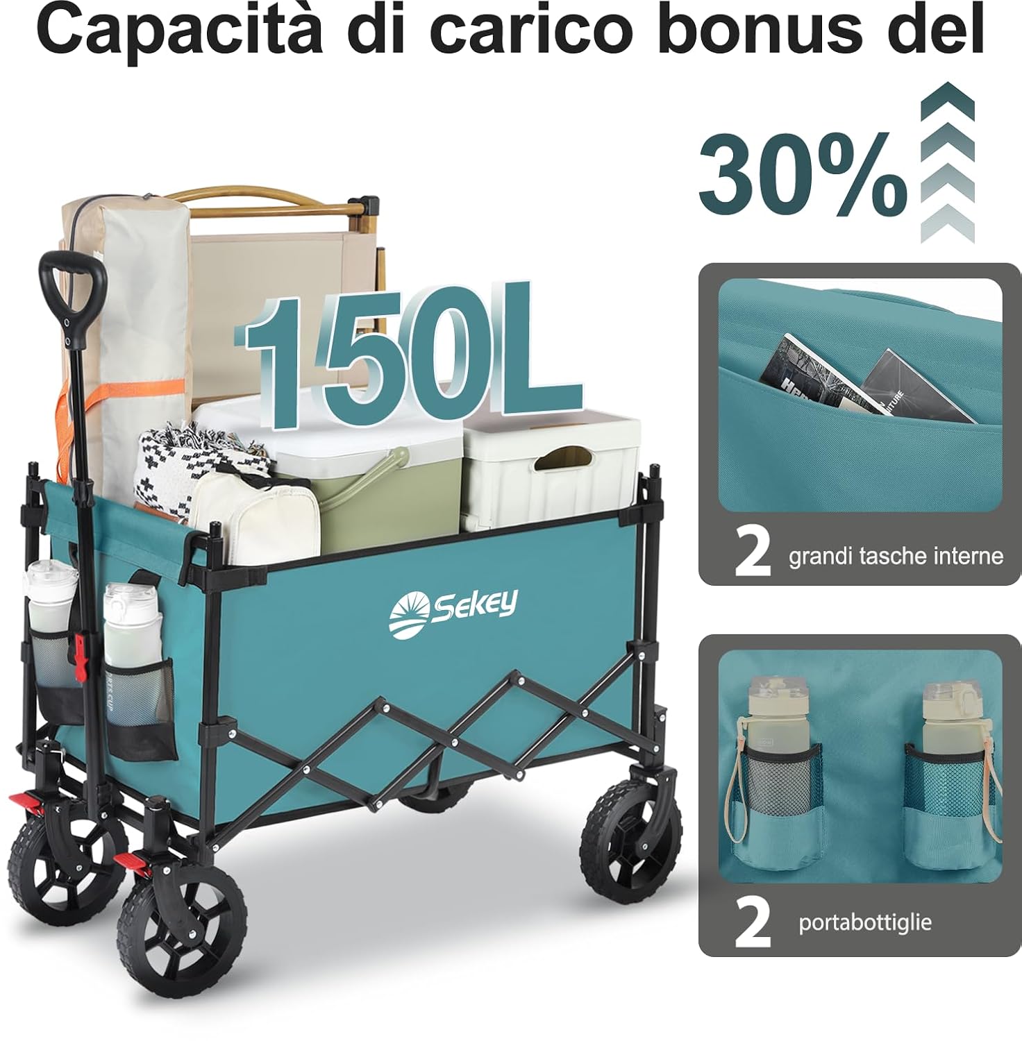 Detalle 2 de Sekey XXL Carrello Spiaggia con Tetto 150L e portata 150 kg (150 kg), pieghevole per bambini, verde