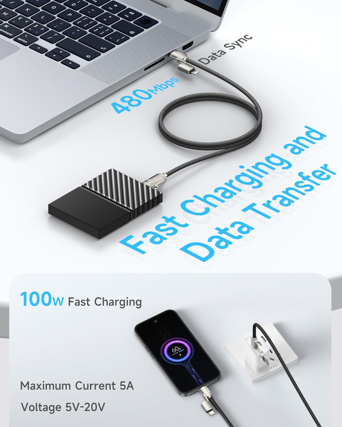 Thumbnail 1 de RAVIAD 4 in 1 USB C/A to Lightning Cable 100W