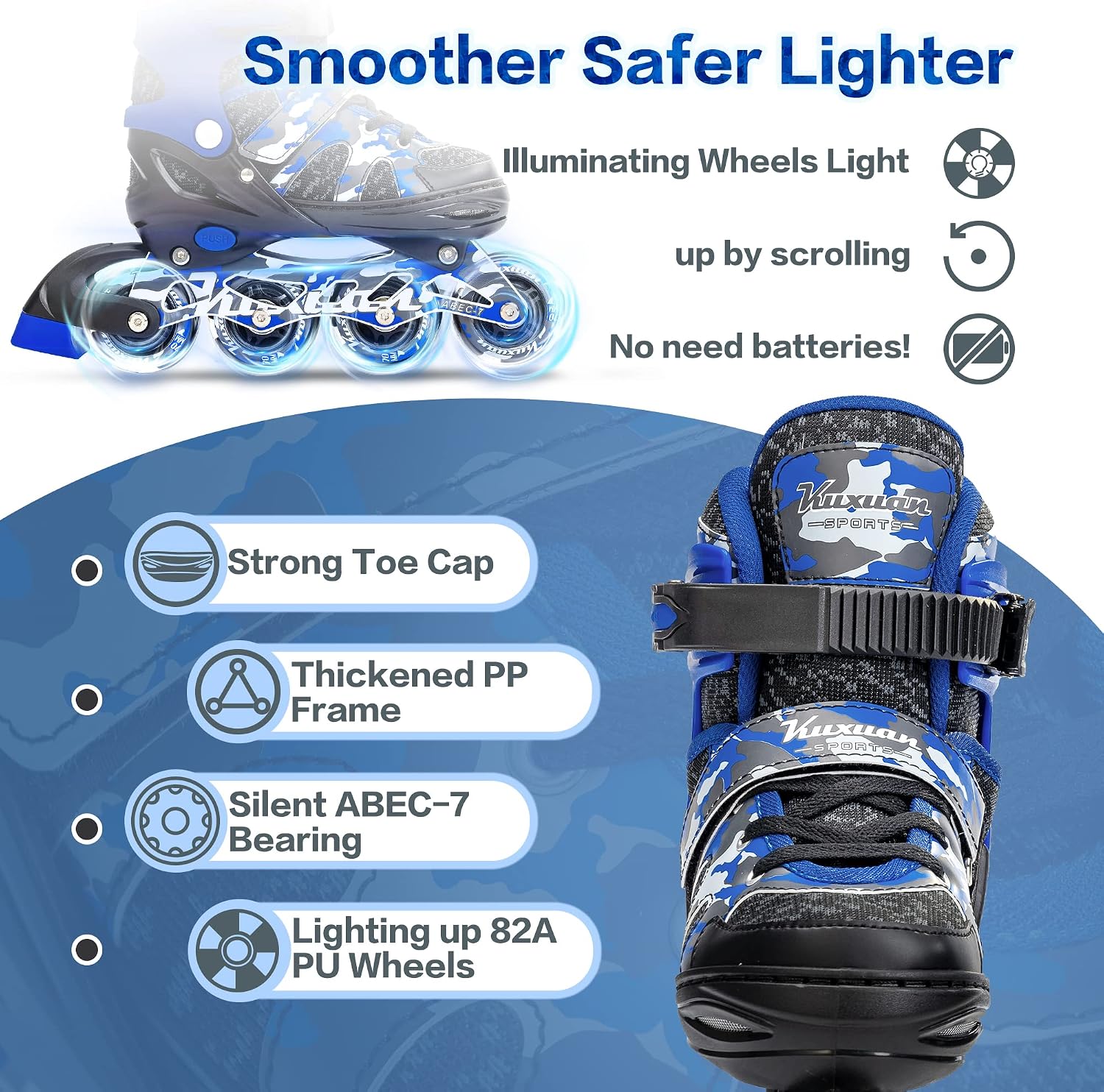 Detalle de Kuxuan Adjustable Inline Skates with Light Up Wheels — 4 Sizes, Aluminum Frame, ABEC-7 Bearings