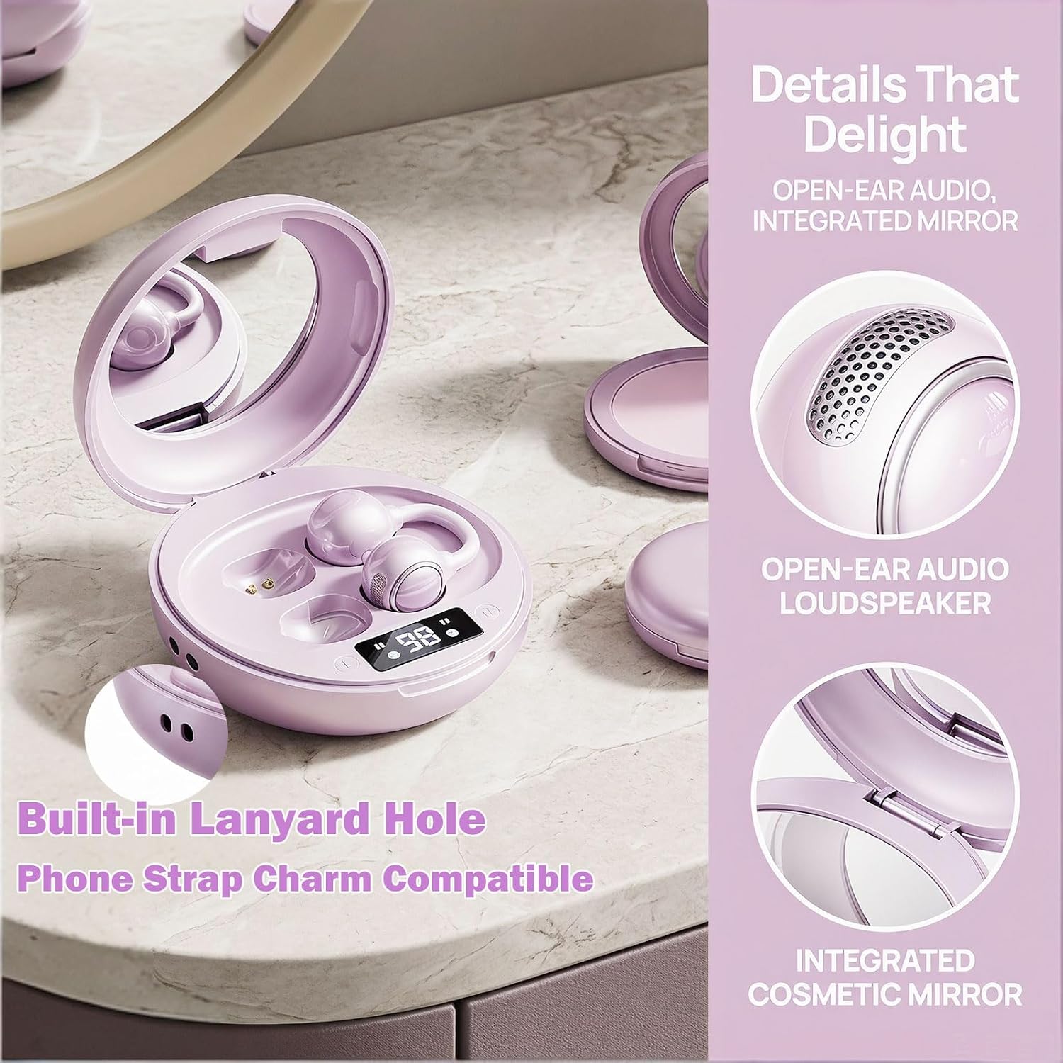 Detalle 2 de Clip-On Open-Ear Wireless Earbuds, Light Purple