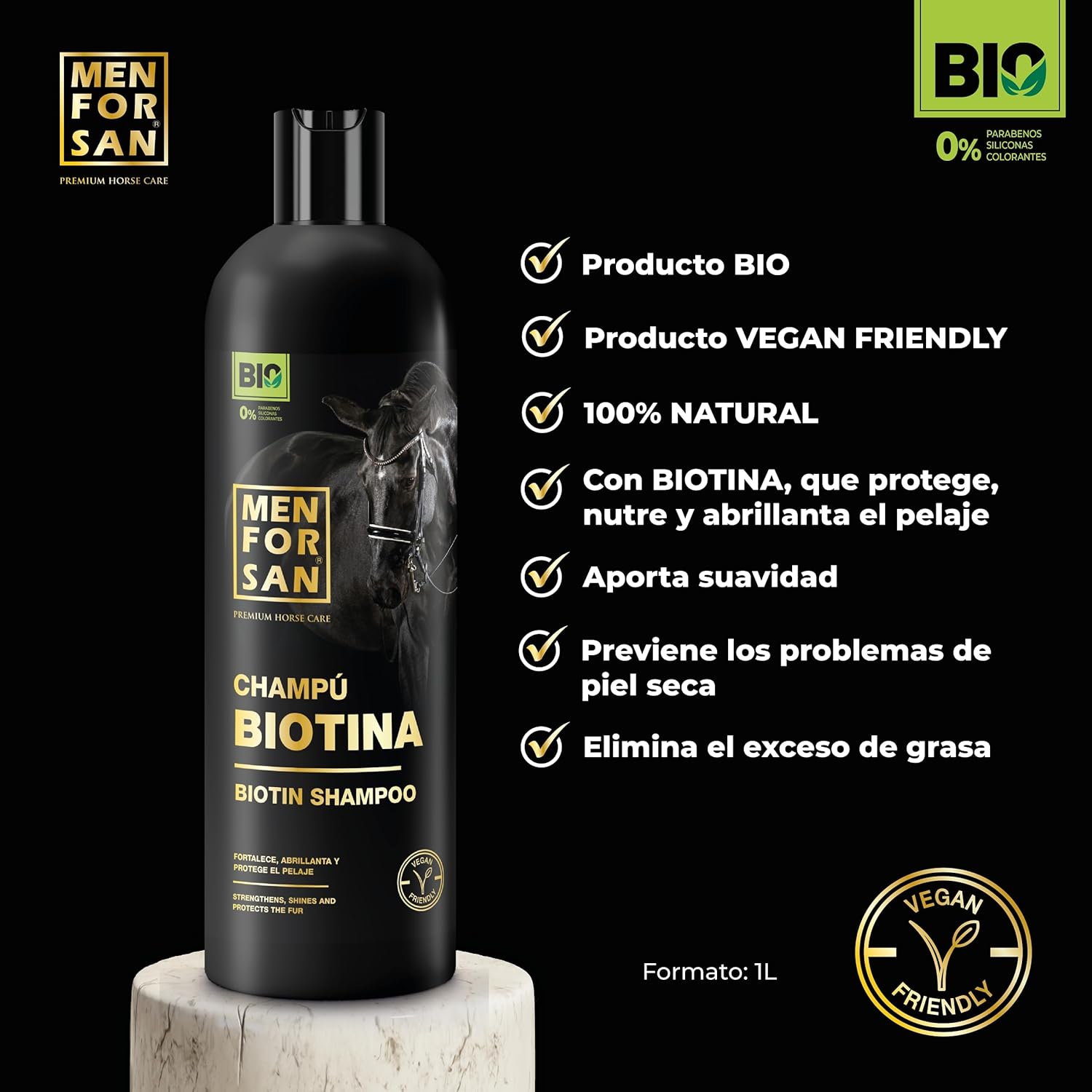 Detalle de MENFORSAN Shampoo biotina per cavalli, 1L – Biologico, vegan friendly e 100% naturale