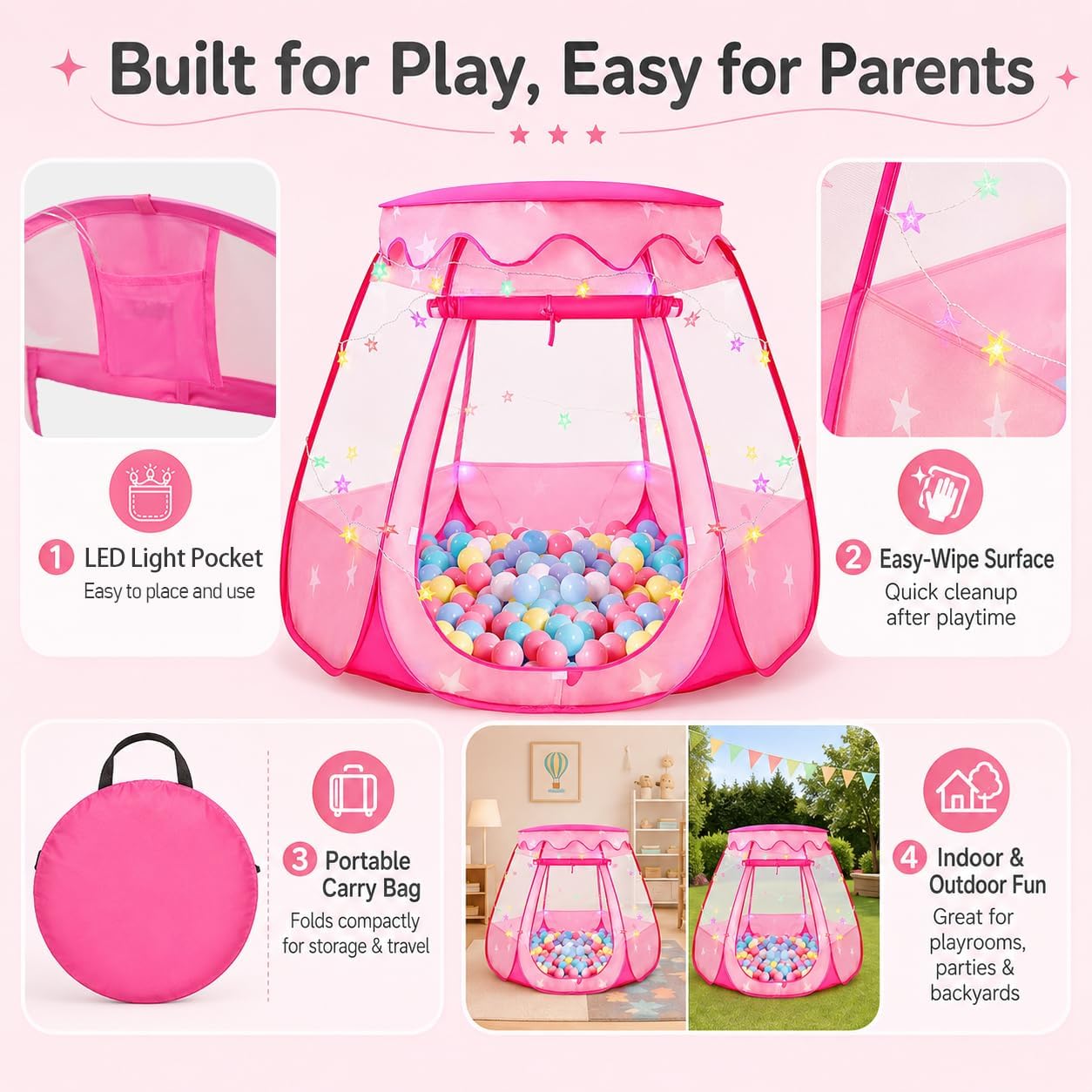 Detalle de Pop Up Princess Tent with Star Lights 49.3in