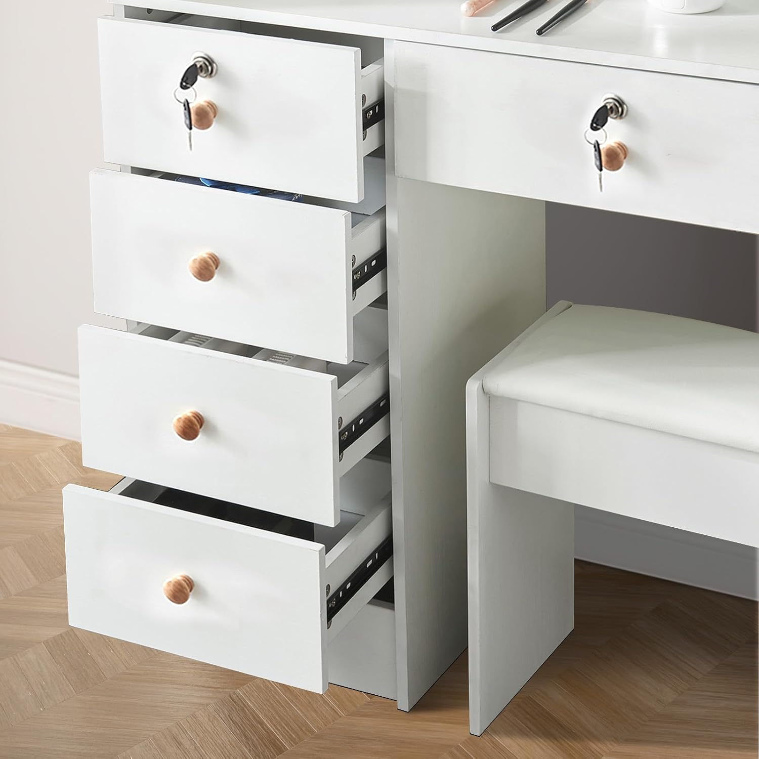 Detalle 1 de Dradaomull 15 sminkbord med LED-spegel, 10 lampor och 6 lådor
