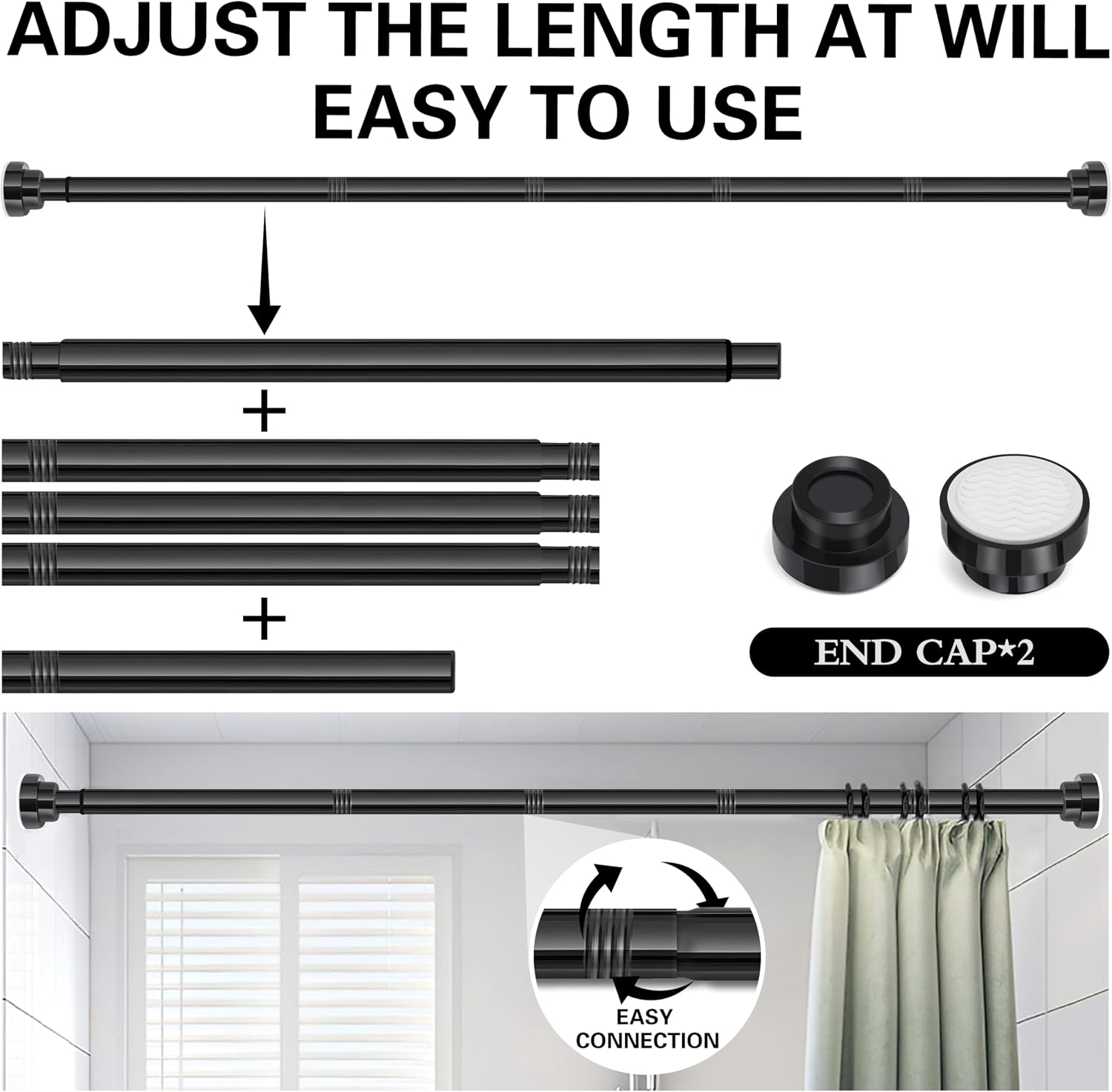Thumbnail 2 de Stainless Steel Extendable Shower Curtain Rod Tension Pole (132cm-195cm) – Black
