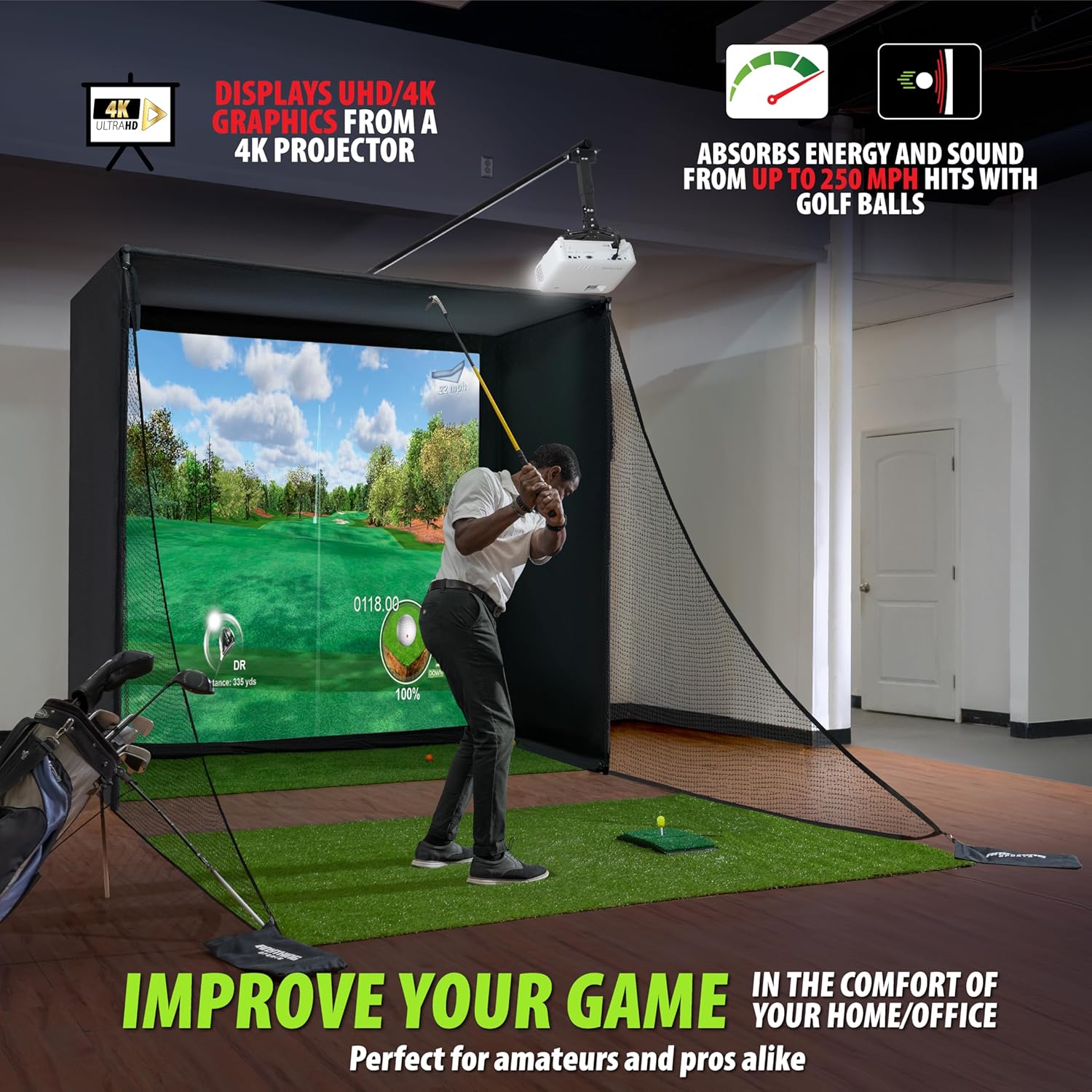 Detalle de Complete Golf Simulator Enclosure Package — 4K-Ready Impact Screen, Blackout Cage, and Projector Mount