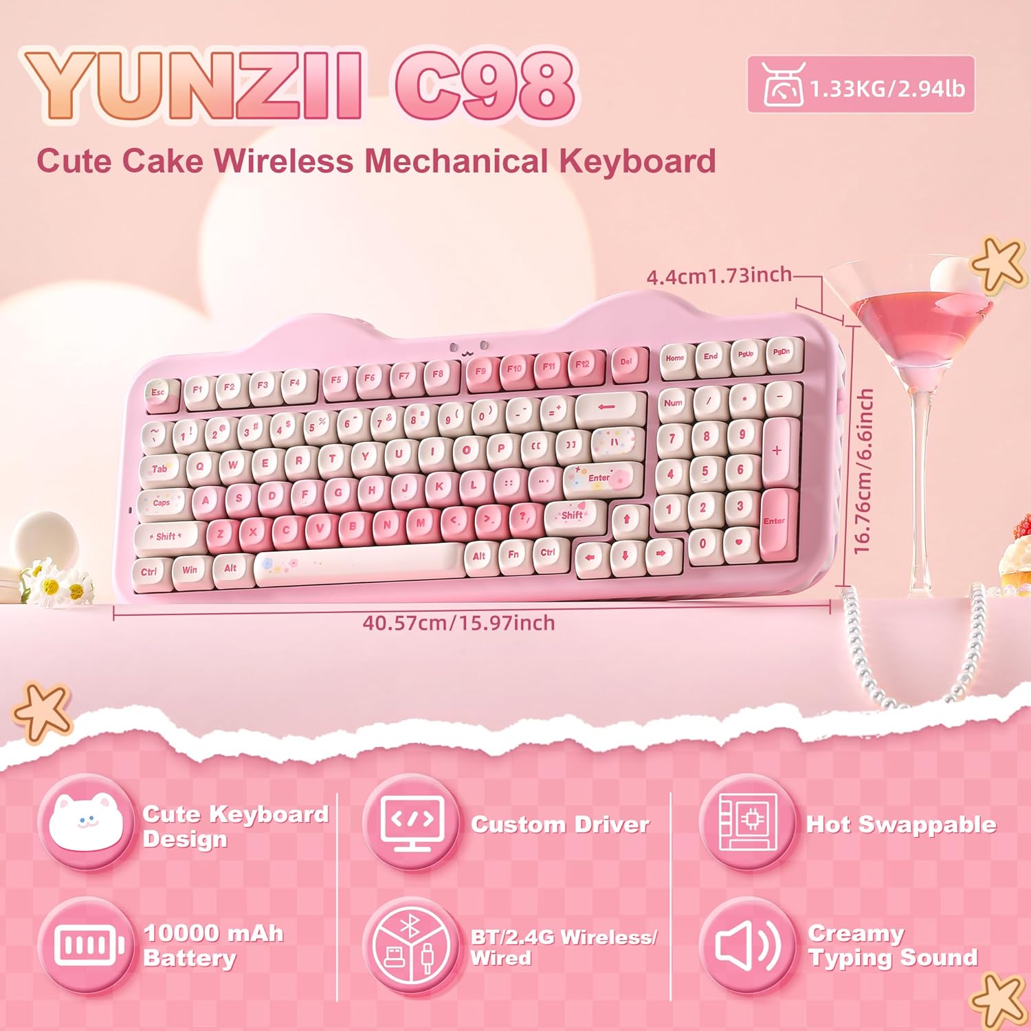 Thumbnail 1 de YUNZII C98 Wireless Mechanical Keyboard with 99 Keys and Numpad (Pink, Candy Linear Switch)