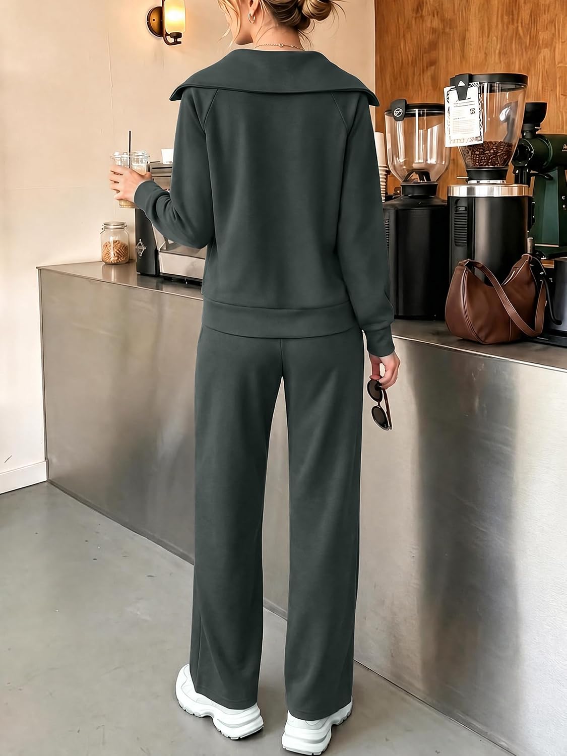 Detalle de Casly Lamiit 2-Piece Lounge Set for Women (Long Sleeve Zip-Up + Wide-Leg Sweatpants) — Spring Travel Outfit