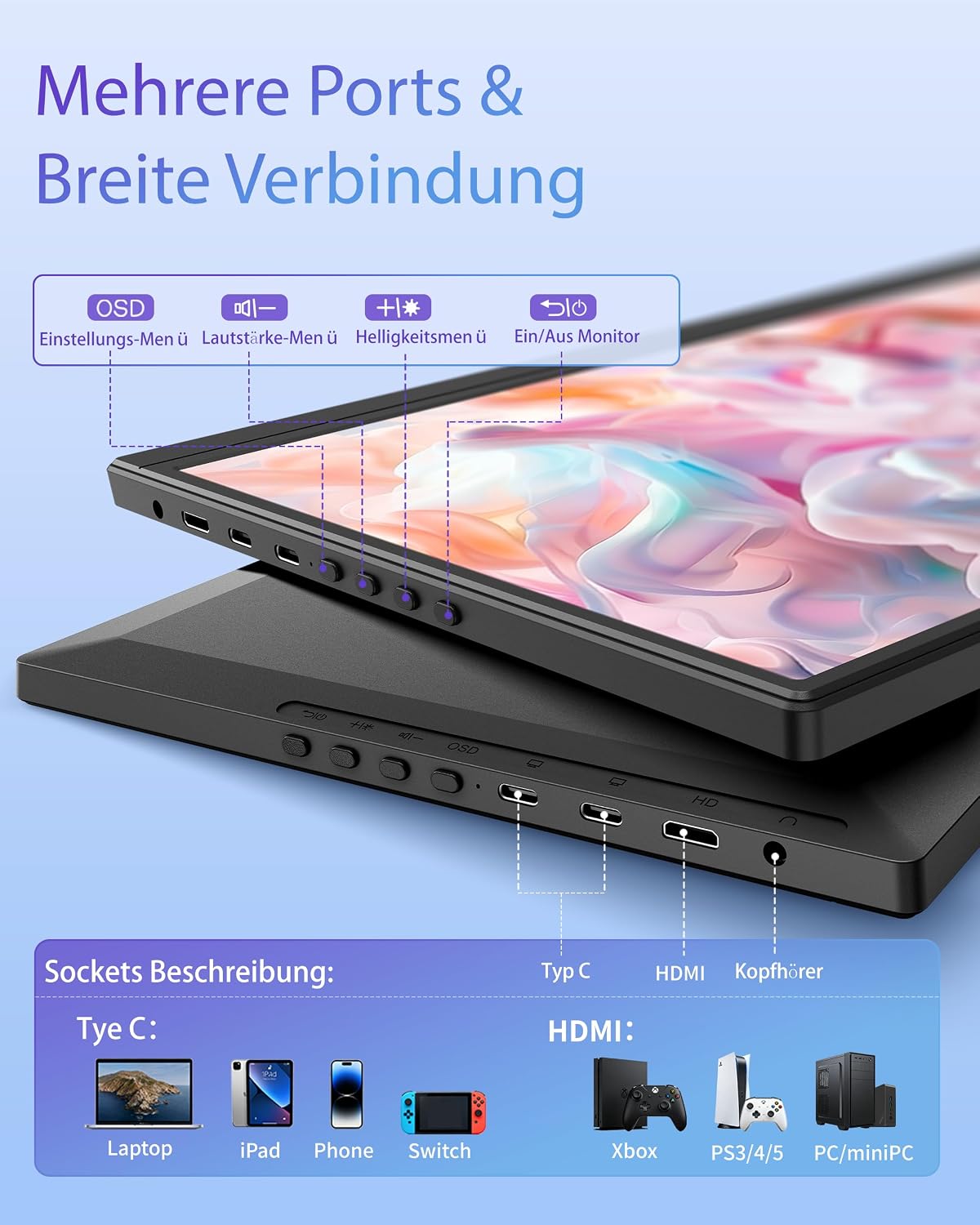Detalle de iProda Portable Monitor 15,6 Zoll – mobiler Full HD Bildschirm mit USB-C/HDMI, integriertem Standfuß, Lautsprecher und VESA-Kompatibilität