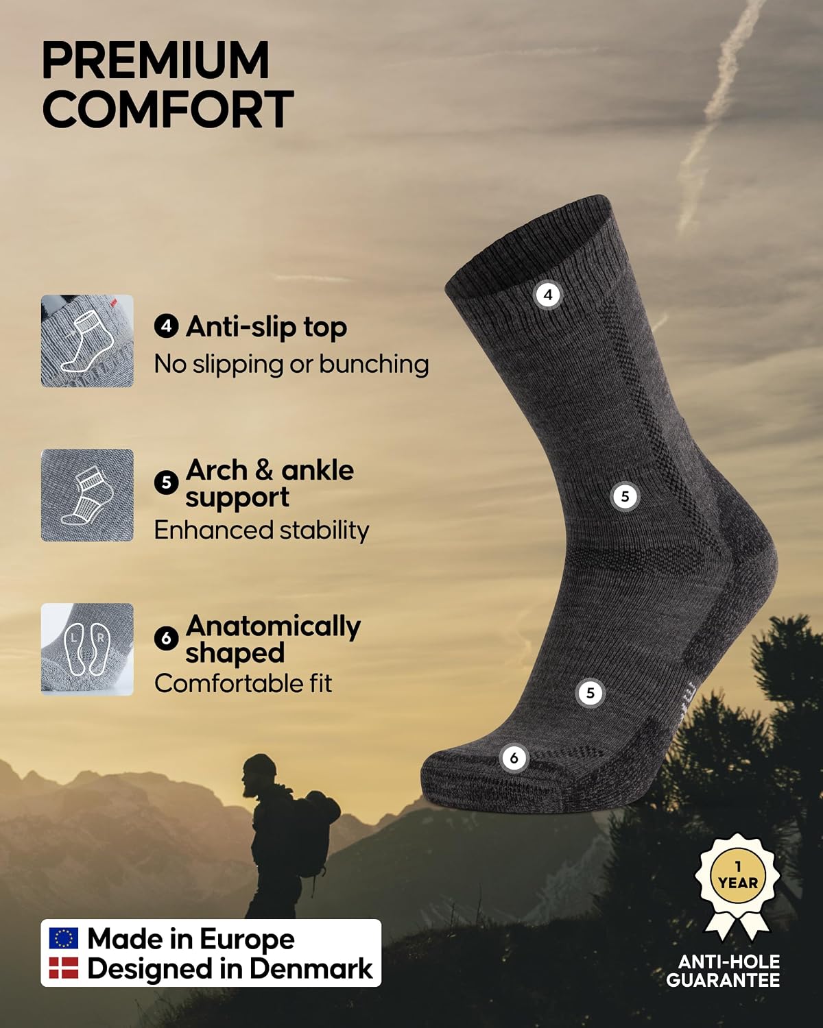 Detalle de DANISH ENDURANCE Hiking Socks with 3 or 5-Pack