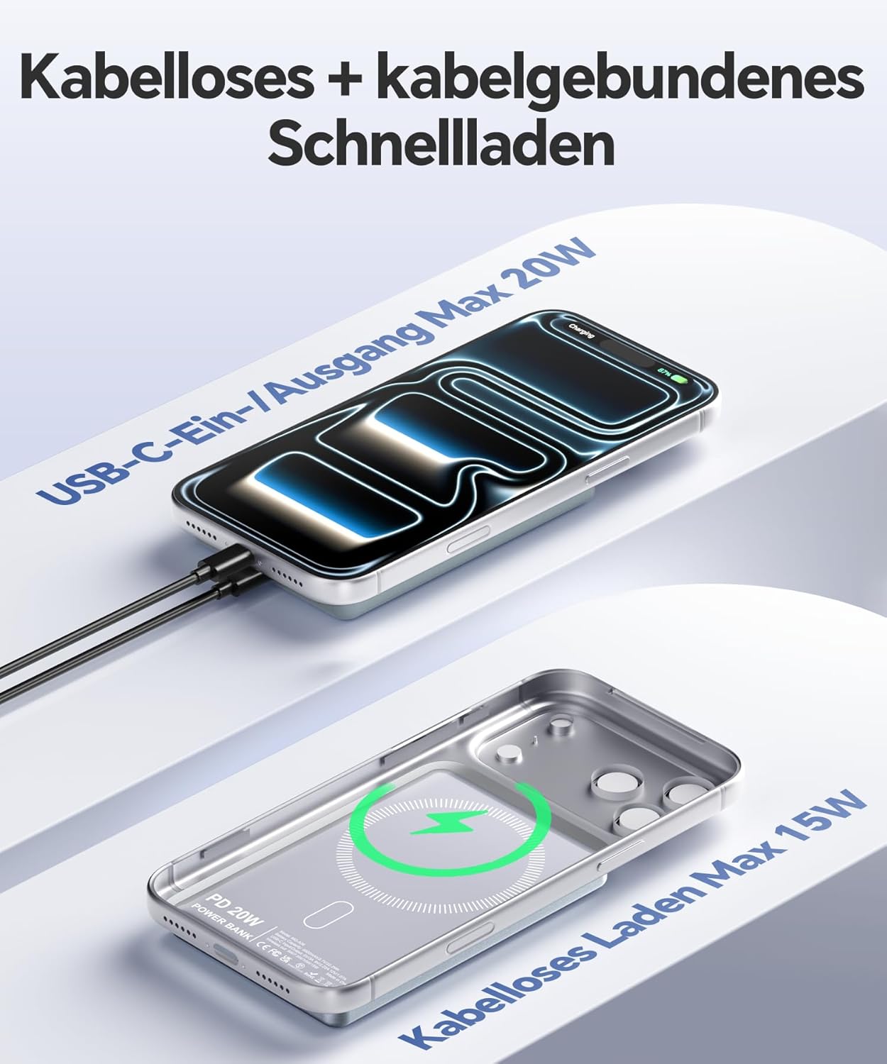 Detalle 2 de Powerbank iPhone für MagSafe – Ultra Slim 0,8 cm, 6000 mAh, 20W USB‑C, MagSafe-Ladefunktion