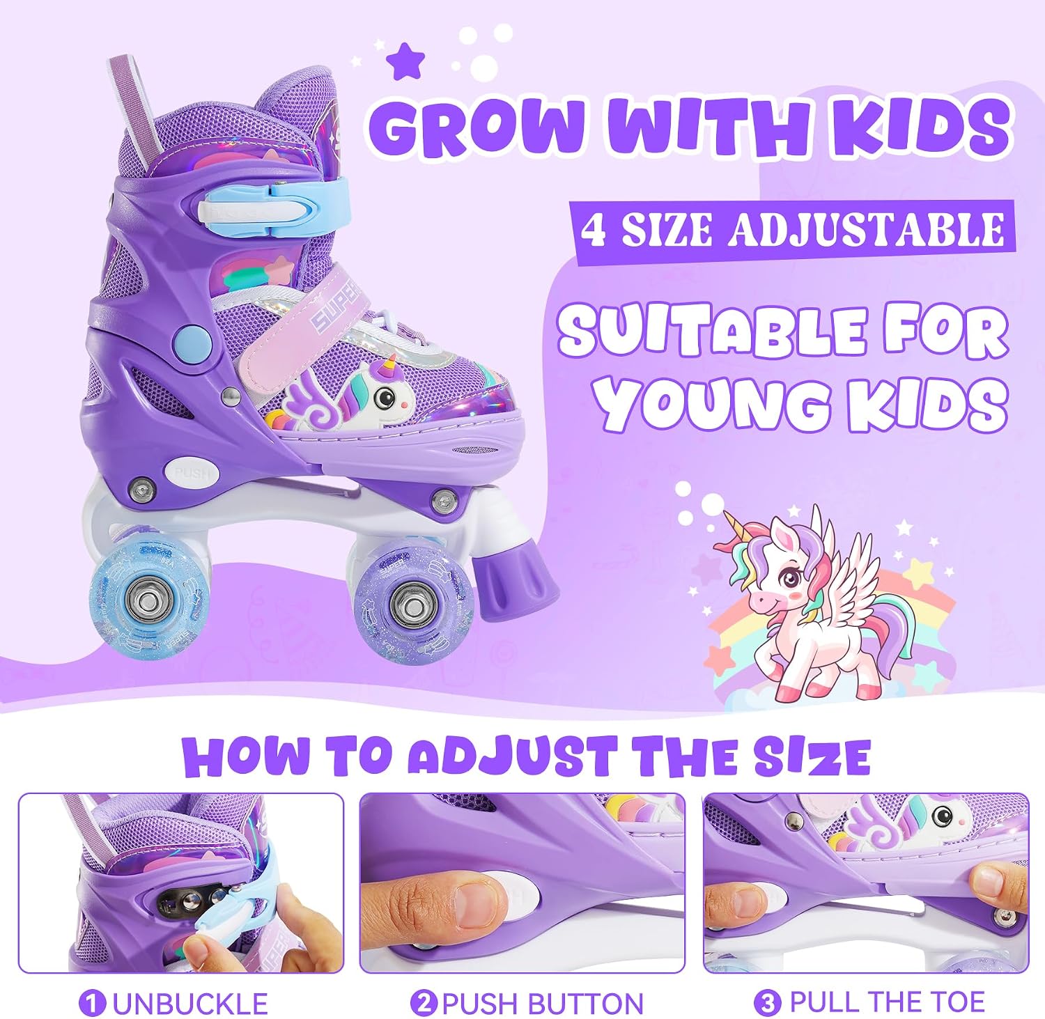 Detalle de SUPER YOUNGSTER Adjustable Light Up Unicorn Roller Skates for Girls 🛼