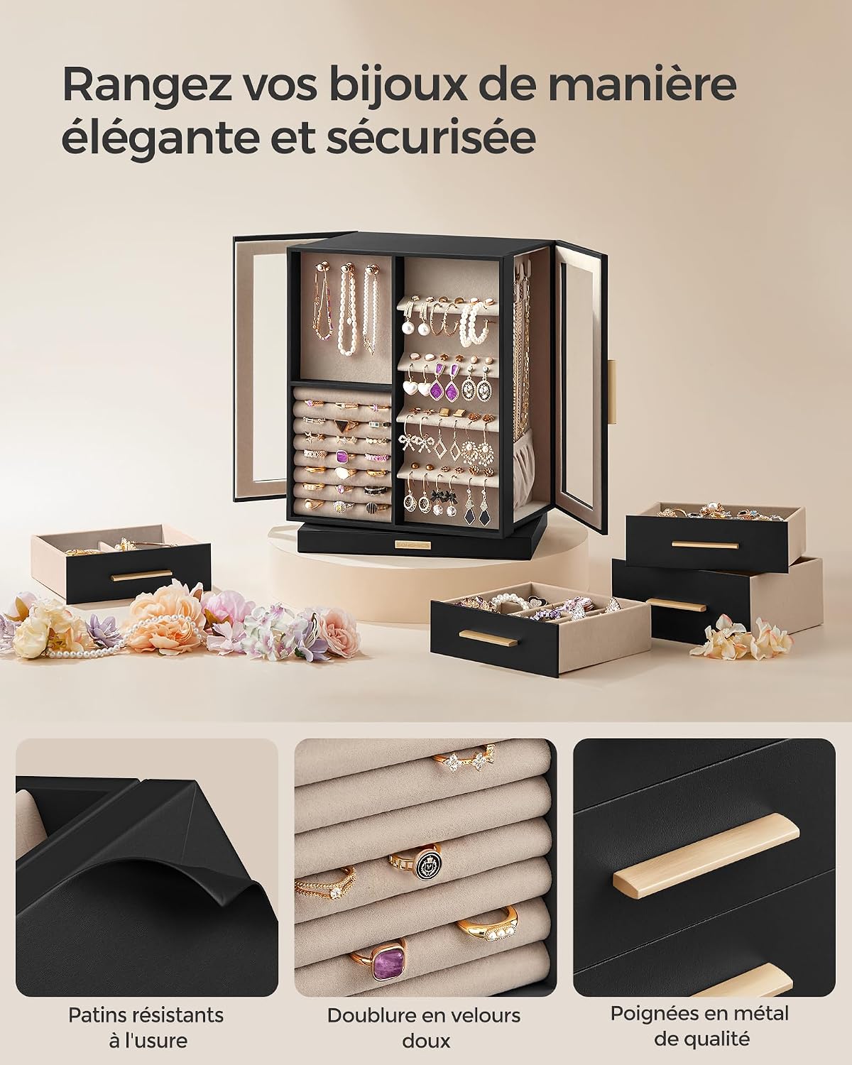 Thumbnail 4 de SONGMICS Boîte à Bijoux Rotative 360° JBC170B01 – Coffret noir graphique avec 5 tiroirs et vitres latérales