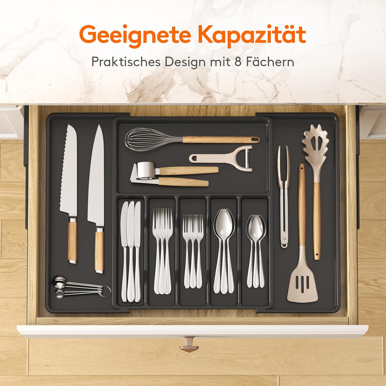 Thumbnail 2 de Lifewit Besteckkasten für Schubladen 40–50, verstellbarer Organizer mit 6–8 Fächern bis 69 cm, Schwarz (Tiefe 47 cm)