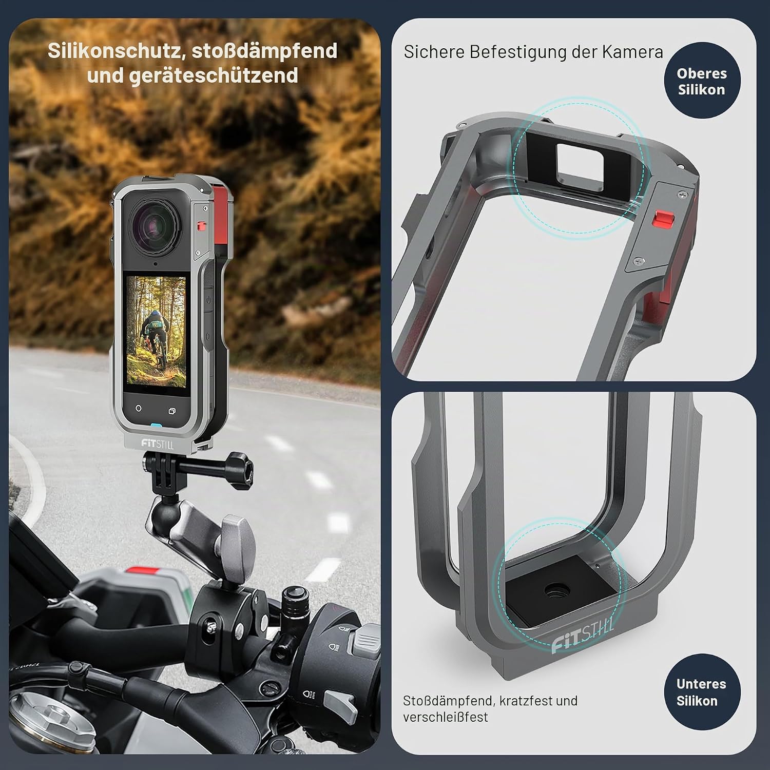 Detalle de FitStill Schutzhülle für Insta 360 X5 – Aluminium Schutzrahmen + Silikon-Linsenabdeckung