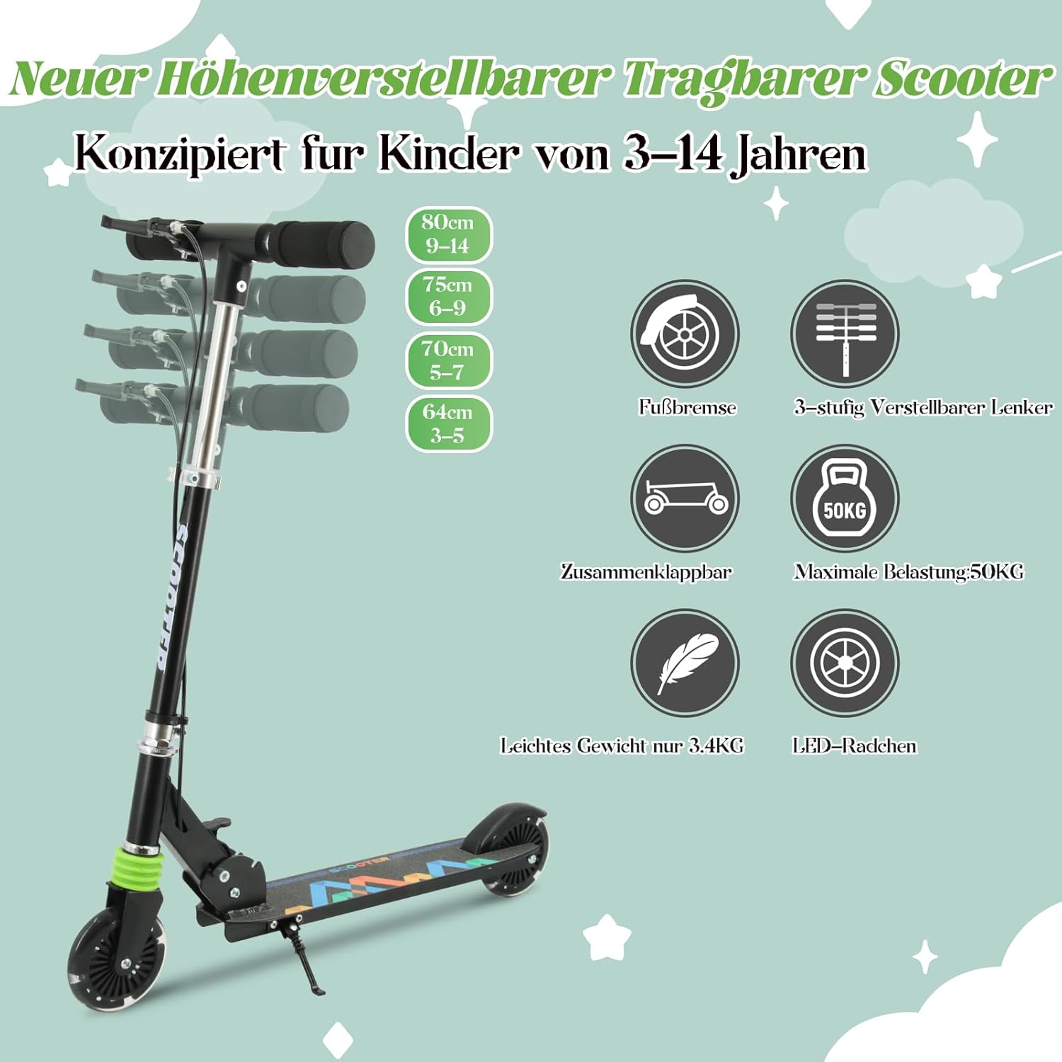 Detalle 2 de TENBOOM Roller für Kinder ab 3 Jahren mit 2 Rädern, klappbar, 3-fach höhenverstellbar und LED-Rädern