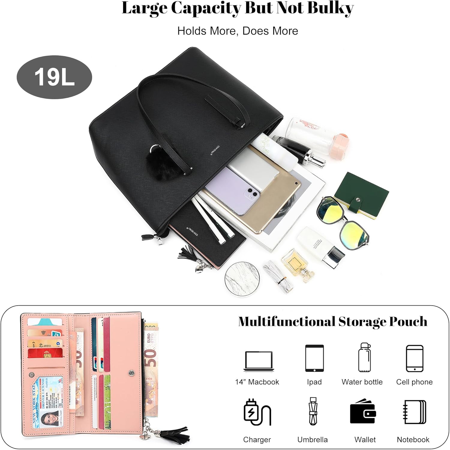 Detalle de TANTOMI Damen Handtasche Set mit Geldbörse – Große Einkaufstasche mit Quasten und Pelz‑Keychain