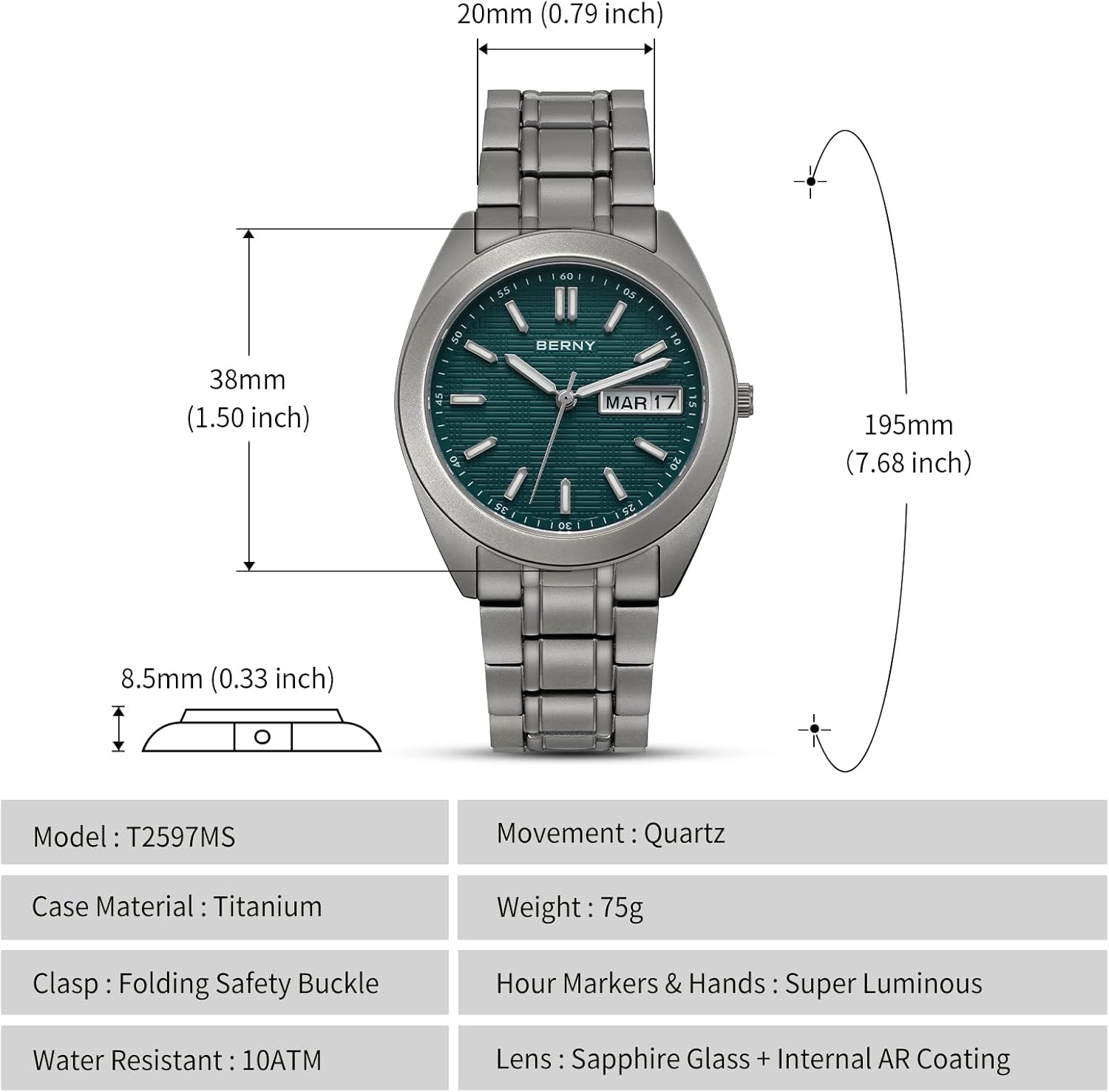 Thumbnail 5 de BERNY Herrenuhr aus Titan mit 10ATM Wasserdicht, Saphirglas & japanischem Quarzwerk VJ53