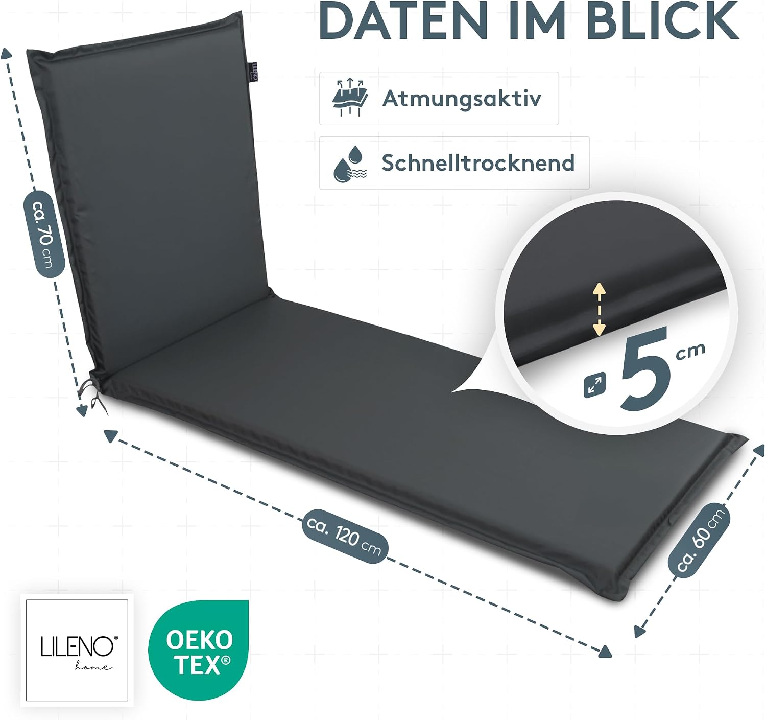 Detalle de LILENO HOME Sonnenliege Auflage MIA im 4er-Set (Rollliege) in Anthrazit – Gartenliegen Auflage, 188x60x5 cm