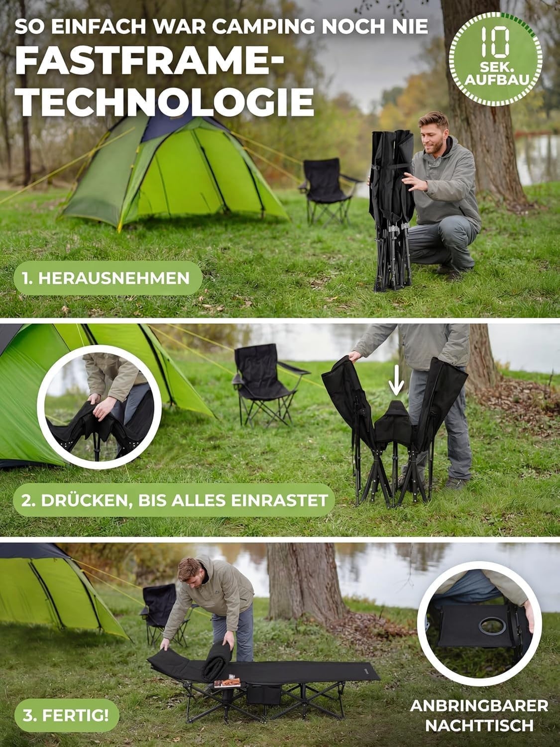 Detalle de NordicTrails Feldbett klappbar in 10 Sekunden aufgebaut – XL Campingbett mit Matratze