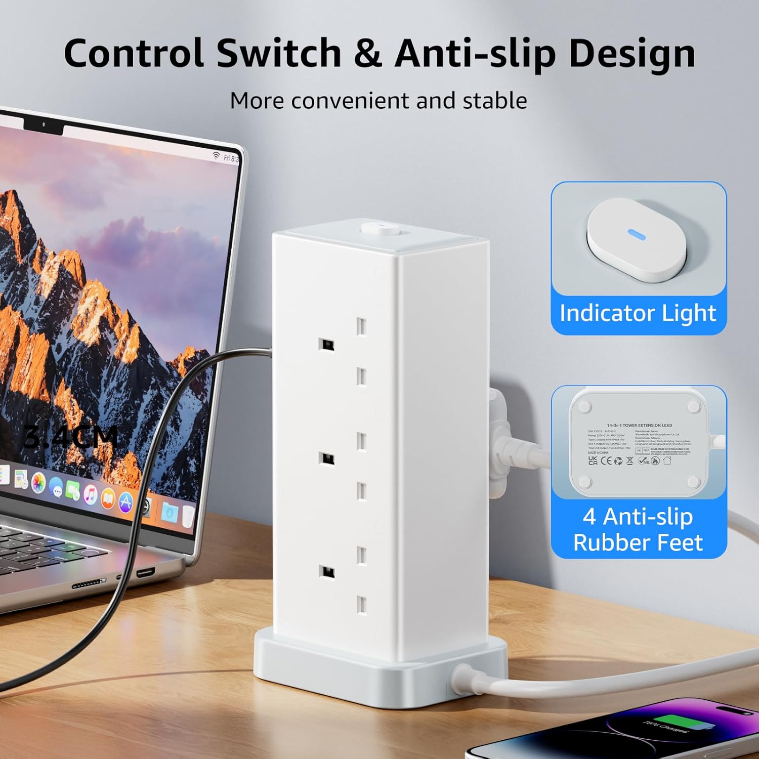 Thumbnail 3 de Tower Extension Lead with USB Slots 6 Way 13A 3250W