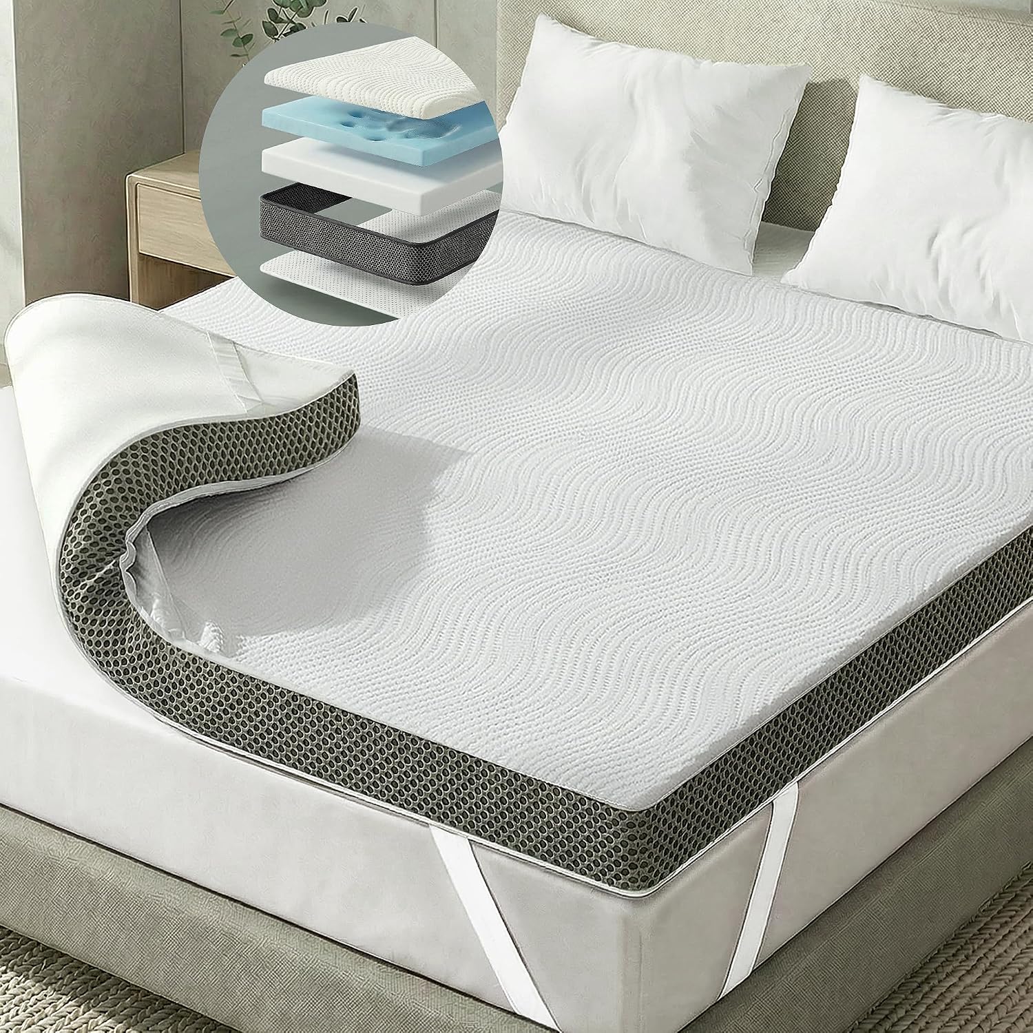 Detalle de Degrees of Comfort Memory Foam Mattress Topper (Double) 8cm – Hypoallergenic, Breathable Airflow Mesh & Washable Anti-Slip Cover