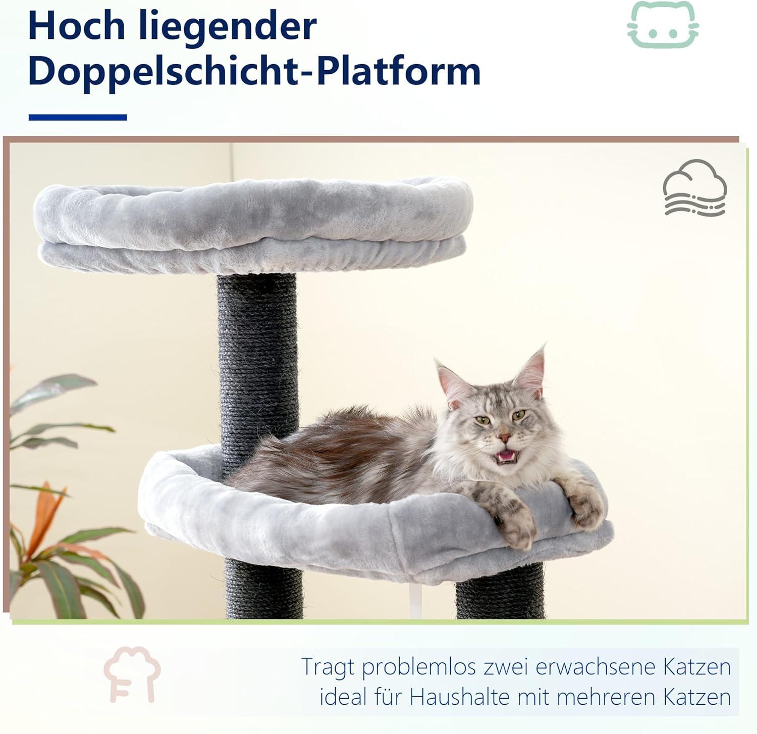 Detalle de Hey-brother XXL Kratzbaum für Maine Coon (168 cm) mit Hängematte, Sisalpfosten Ø 11 cm, Hellgrau EMPJ01W