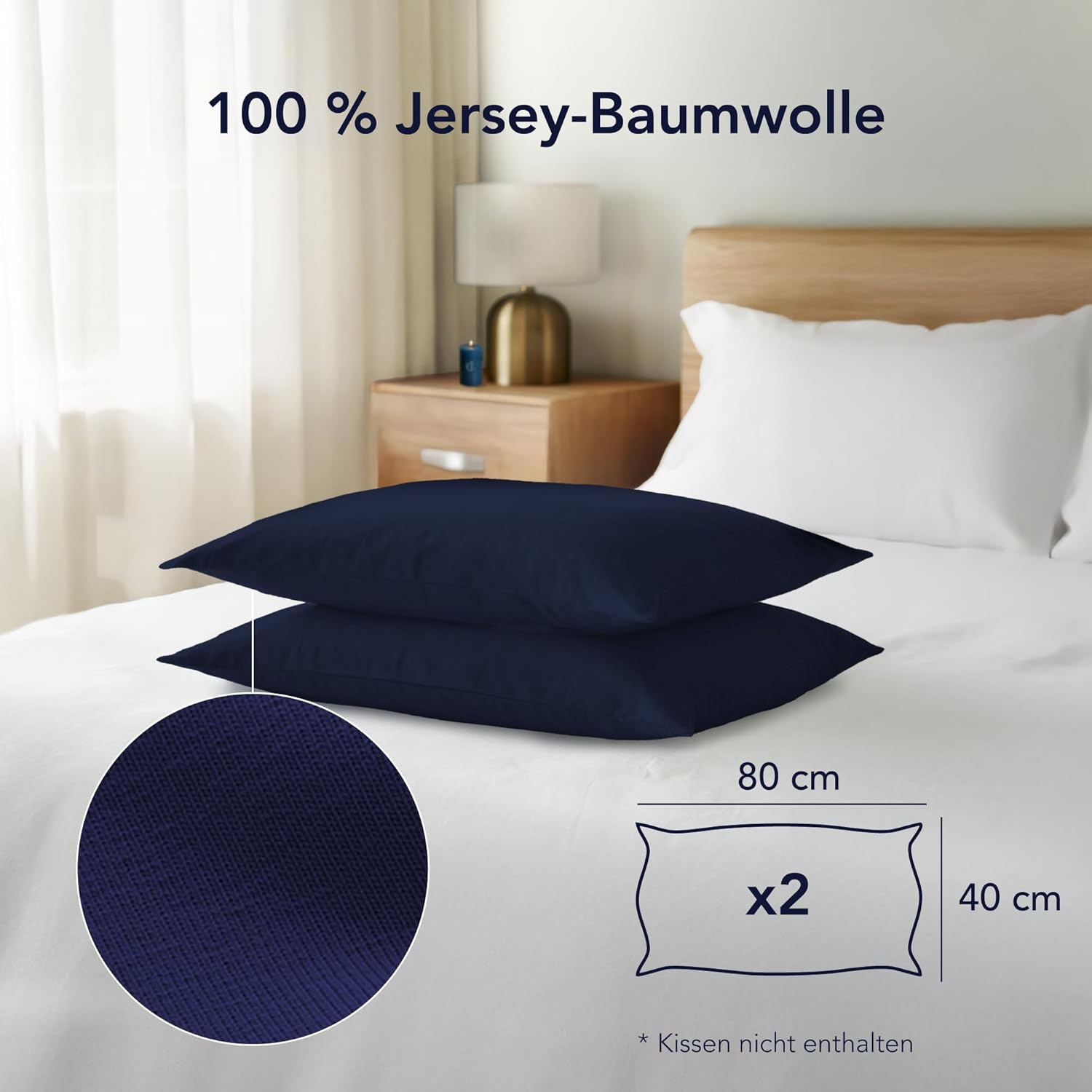 Thumbnail 1 de Dreamzie Kissenbezug 40 x 80 cm (Set mit 2) – 100% Jersey Baumwolle, dunkelblau