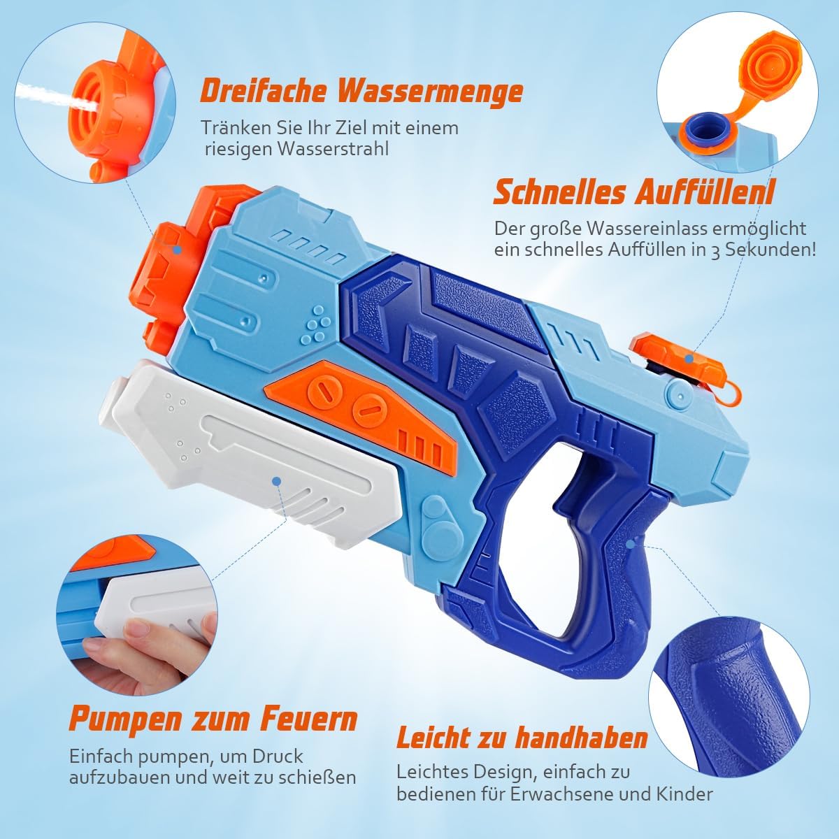Detalle de D-FantiX Wasserpistolen 2er-Set: Große Kapazität, weite Reichweite, Spielspaß für Pool & Strand