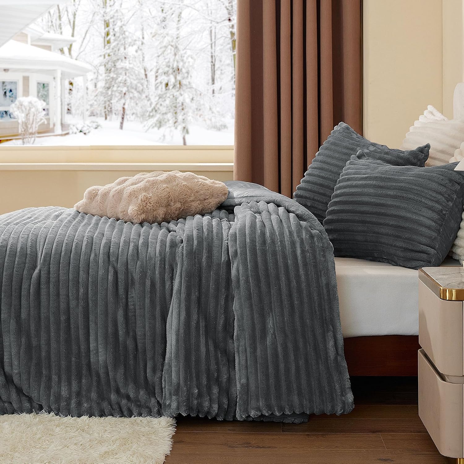 Thumbnail 3 de BEDELITE Full Fleece Comforter Set, Gray Polyester with Striped Plush Texture