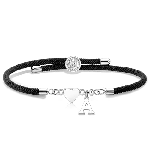 Detalle de Suonie Pulsera de Iniciales con Corazón de Plata y Cuerda Trenzada – Ajustable (3"–10")