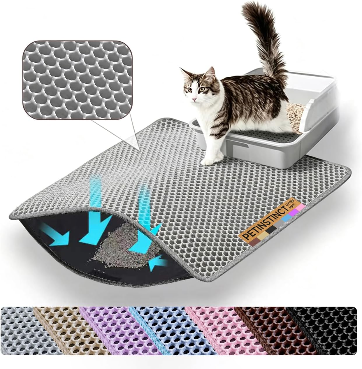 Detalle de Petinstinct 22x30 Inch Grey Cat Litter Mat, Double-Layer Honeycomb, Waterproof