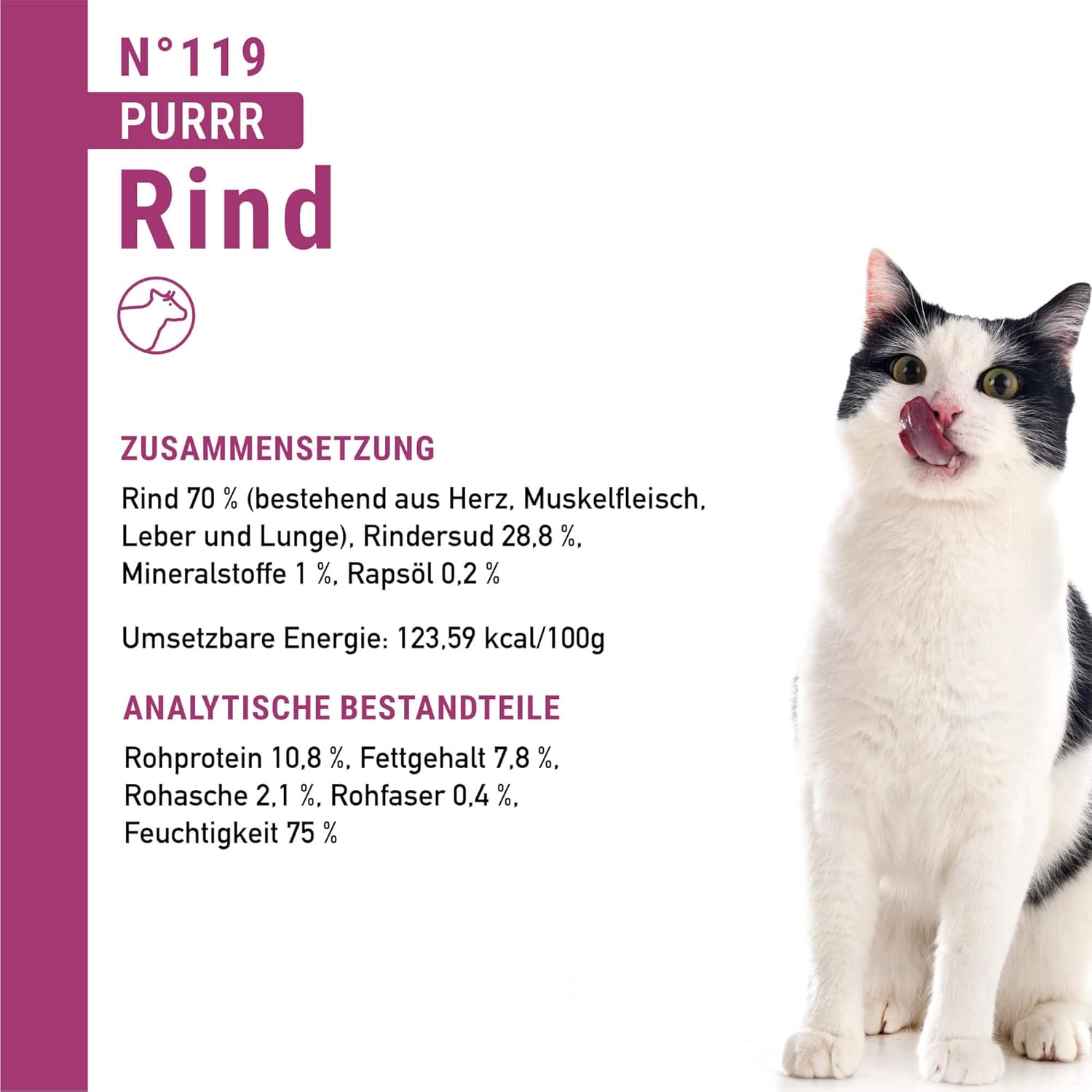 Detalle 2 de catz finefood Purrrr Rind Monoprotein Katzenfutter nass N°119 – 70% Fleischanteil, ernährungssensible Katzen, 16 x 85 g