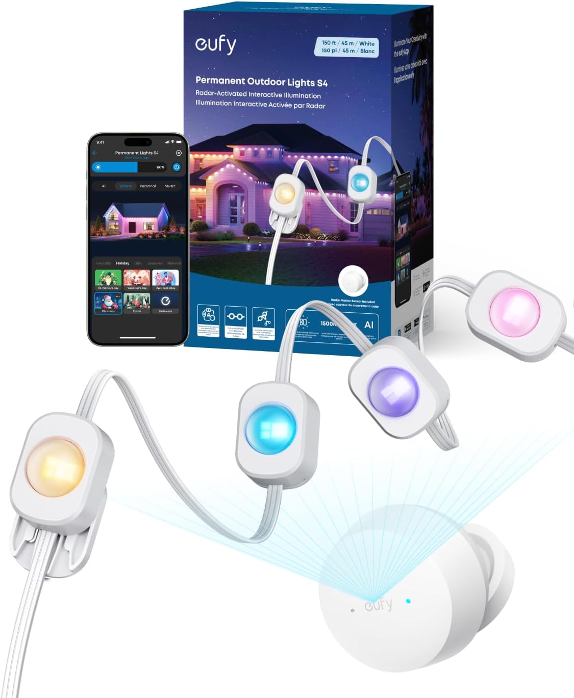 Detalle de eufy T8L04 Permanent Outdoor Lights S4, 150 ft RGBWW, Radar-Activated, IP67