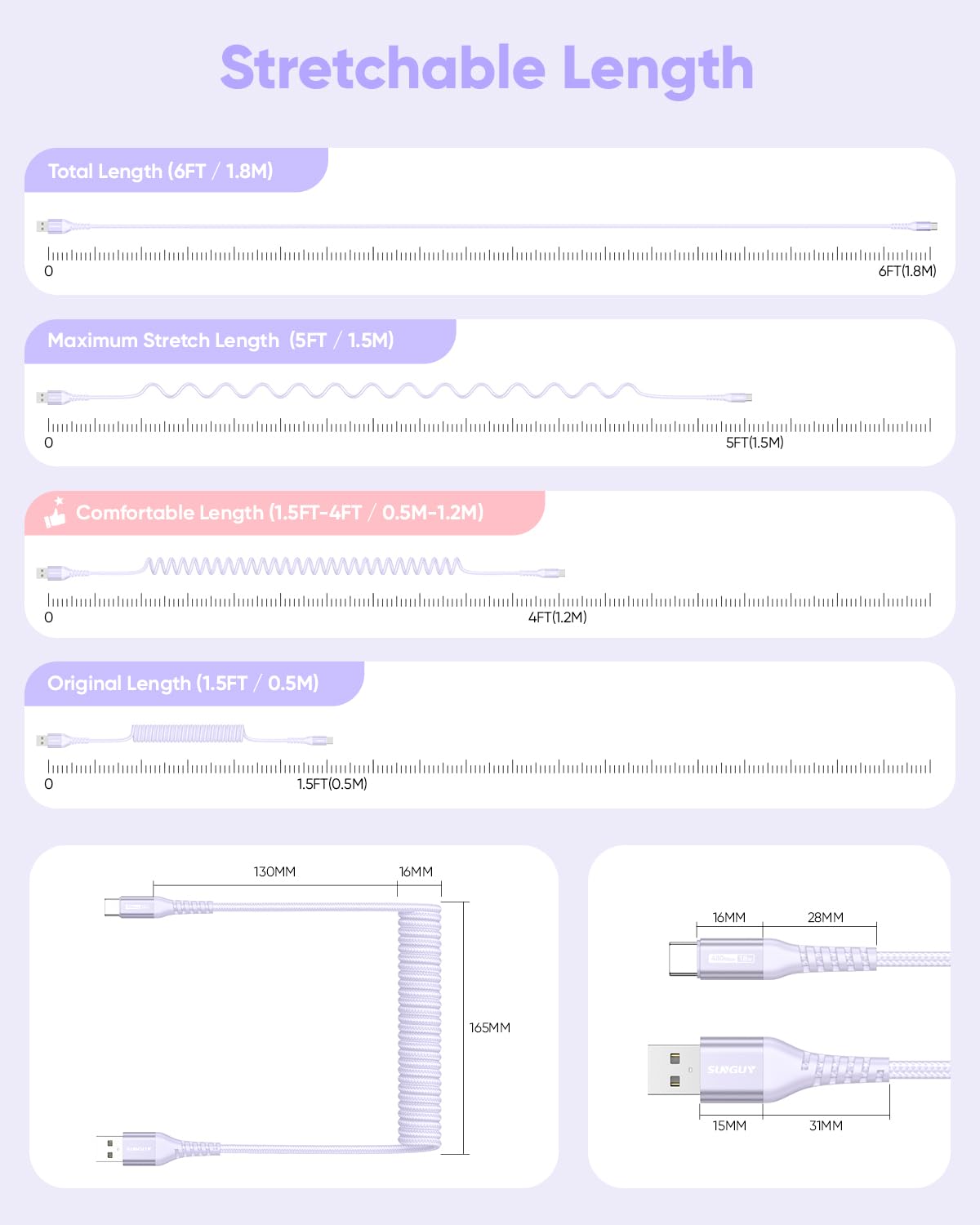 Thumbnail 1 de SUNGUY USB‑C Spiralkabel (1,8 m) für Auto: Daten & Schnellladung bis 3A