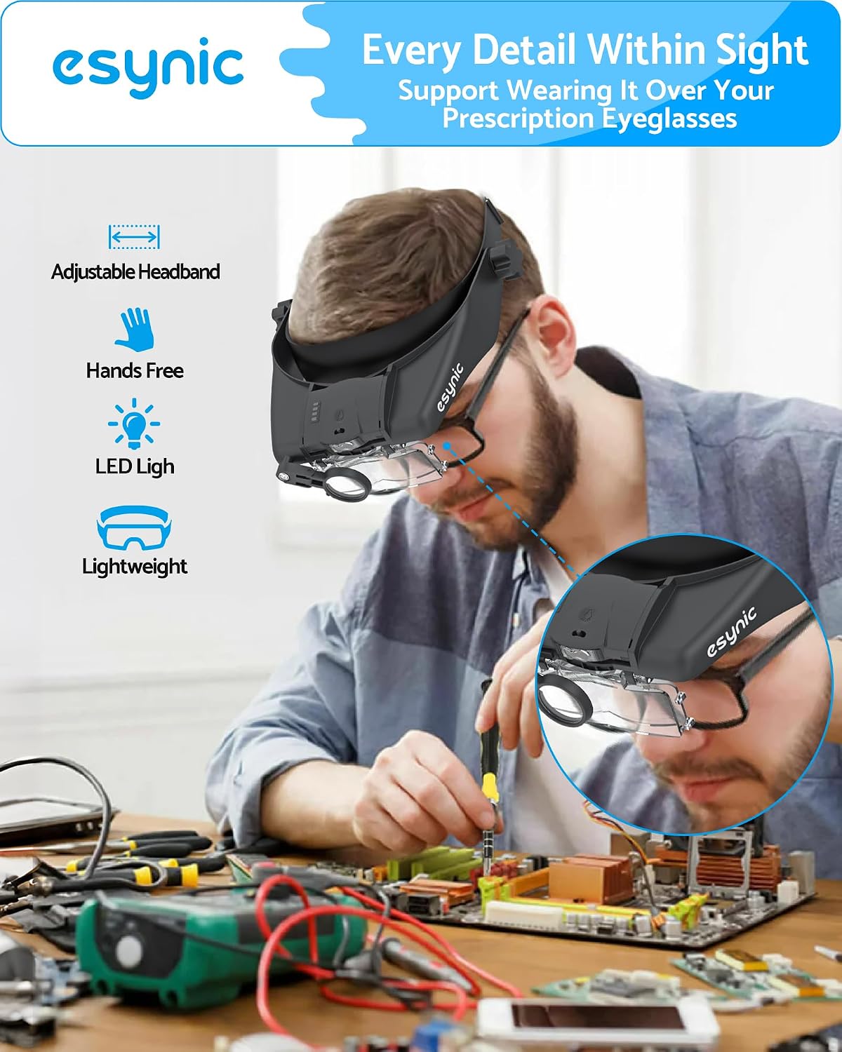 Detalle 2 de eSynic Head Magnifying Glass with LED Light: A Practical 5-Lens Headband Magnifier for Reading and Crafts