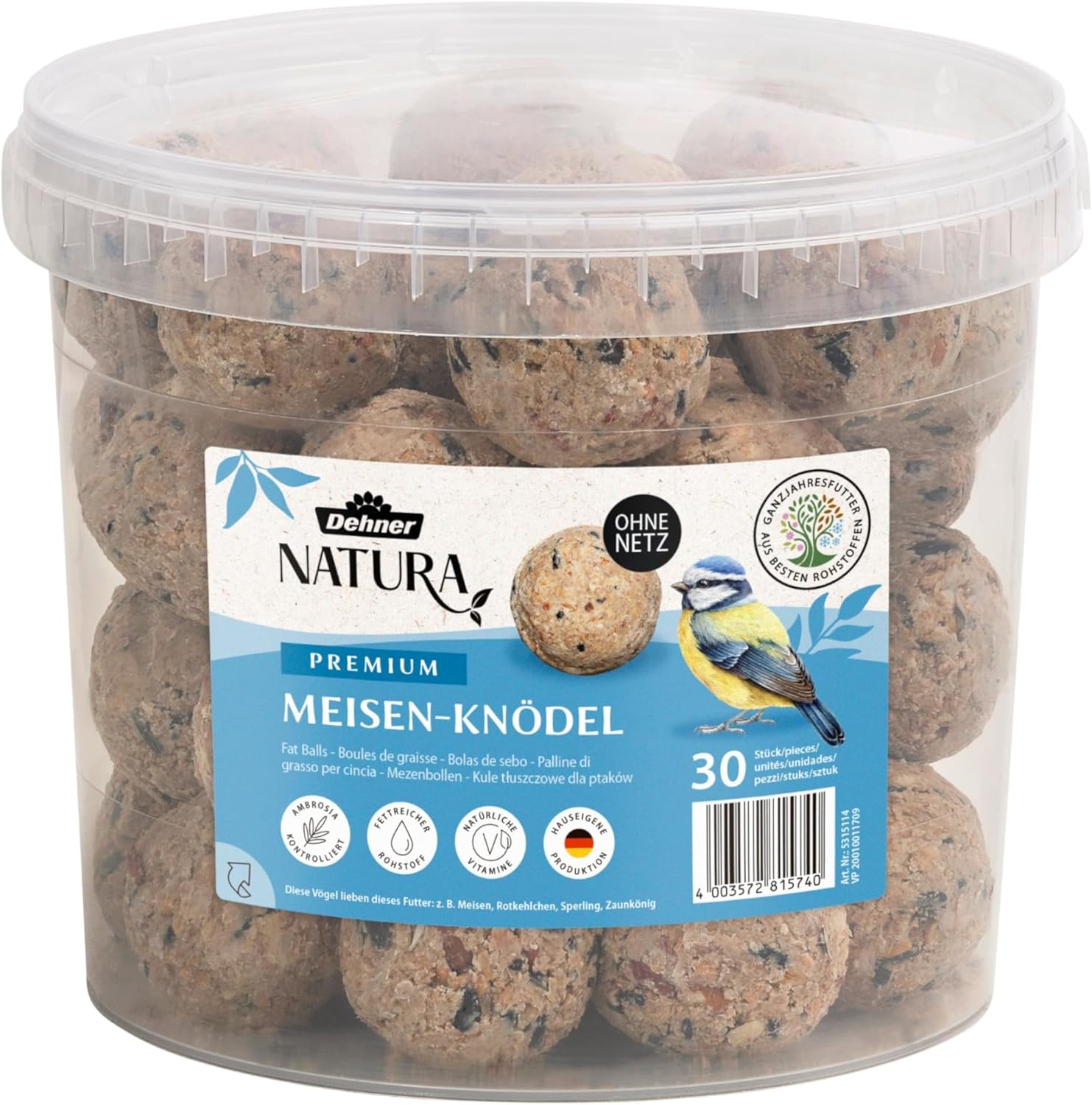 Dehner Natura Premium Mangime per uccelli selvatici – palline per cinciallegra, 2,7 kg (30 pezzi da 90 g) senza rete