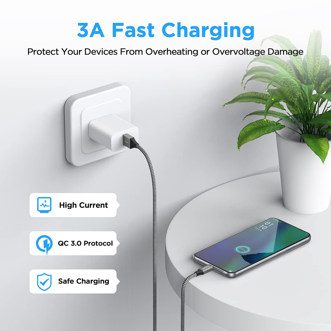 Detalle de etguuds USB C Charger Cable 2-Pack (2m) – 3A fast charging & sync, nylon braided