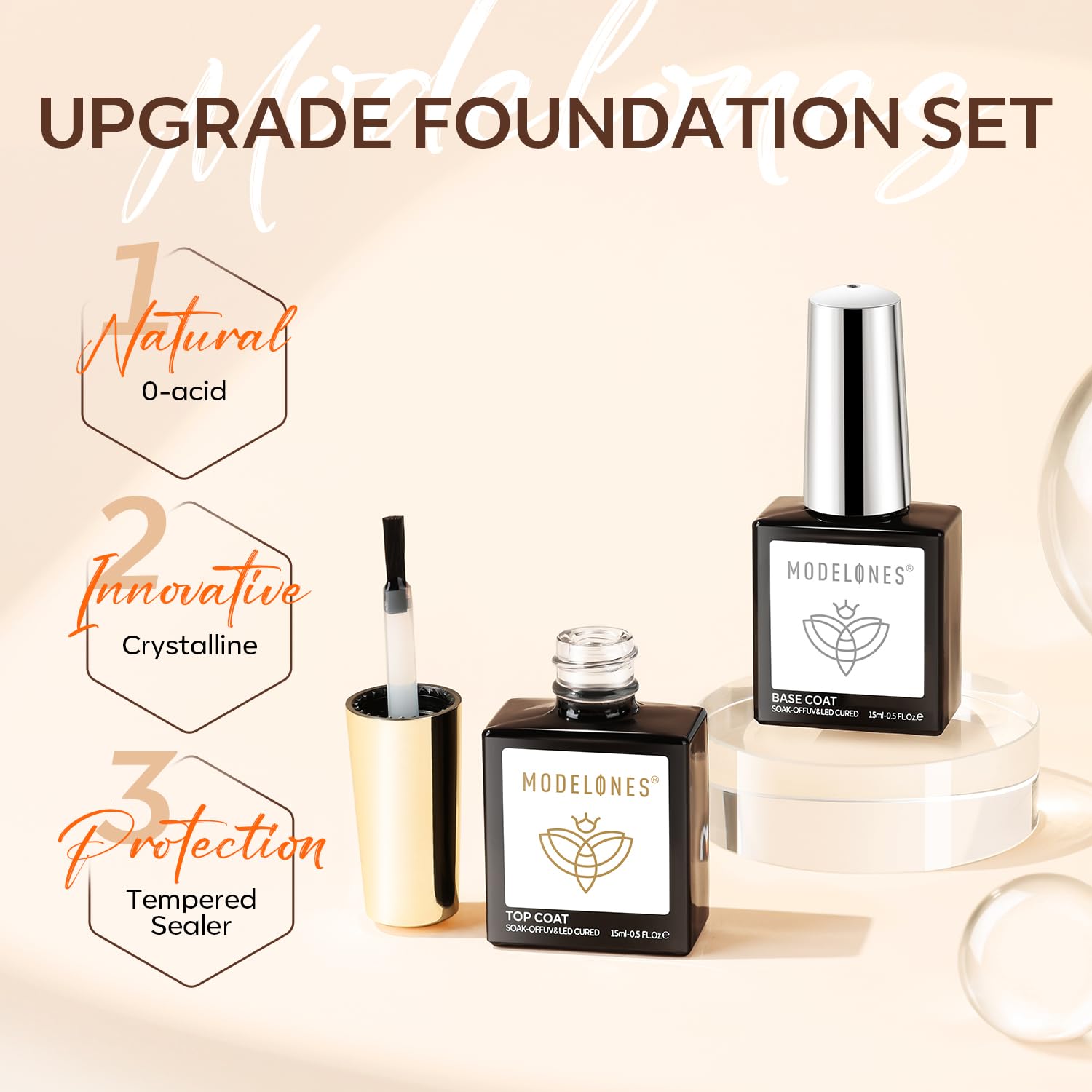 Detalle 2 de Modelones Base Coat & Top Coat UV Nagellack Set – 2 × 15 ml No Wipe Unter- & Überlack