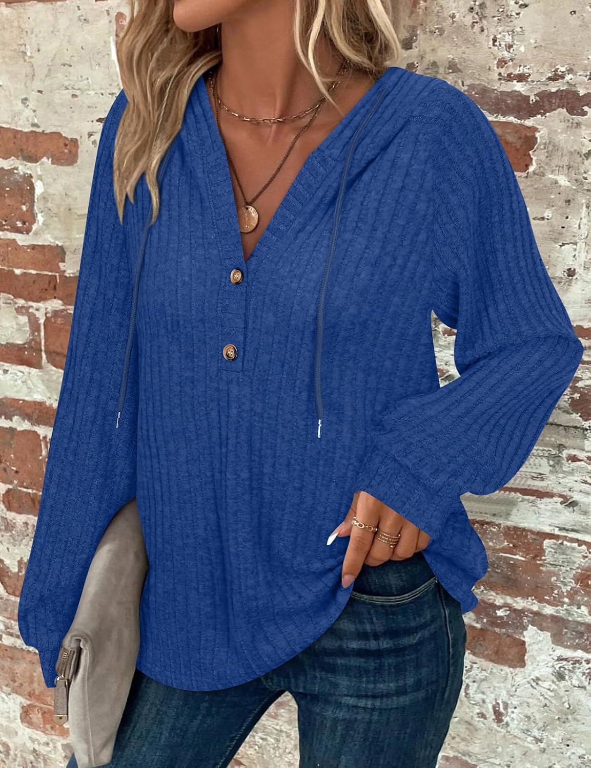Thumbnail 2 de Women’s drawstring V-neck long-sleeve hoodie jumper (65% rayon blend) with button front