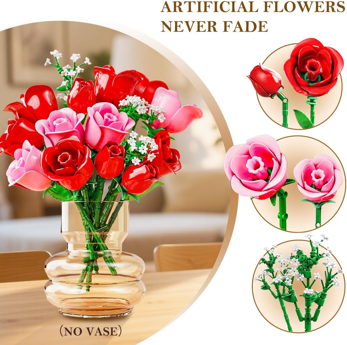 Thumbnail 3 de HOGOKIDS Blumenstrauß-Bausatz mit Lichtern – 16 künstliche Rosen, LED-Beleuchtung, 387 Teile (Rosa)