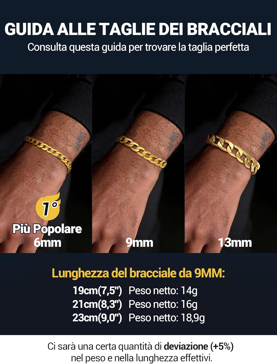 Thumbnail 2 de PROSTEEL Bracciale uomo cubano in acciaio inox 316L, catena tridimensionale (larghezze 6/9/13 mm) con confezione regalo