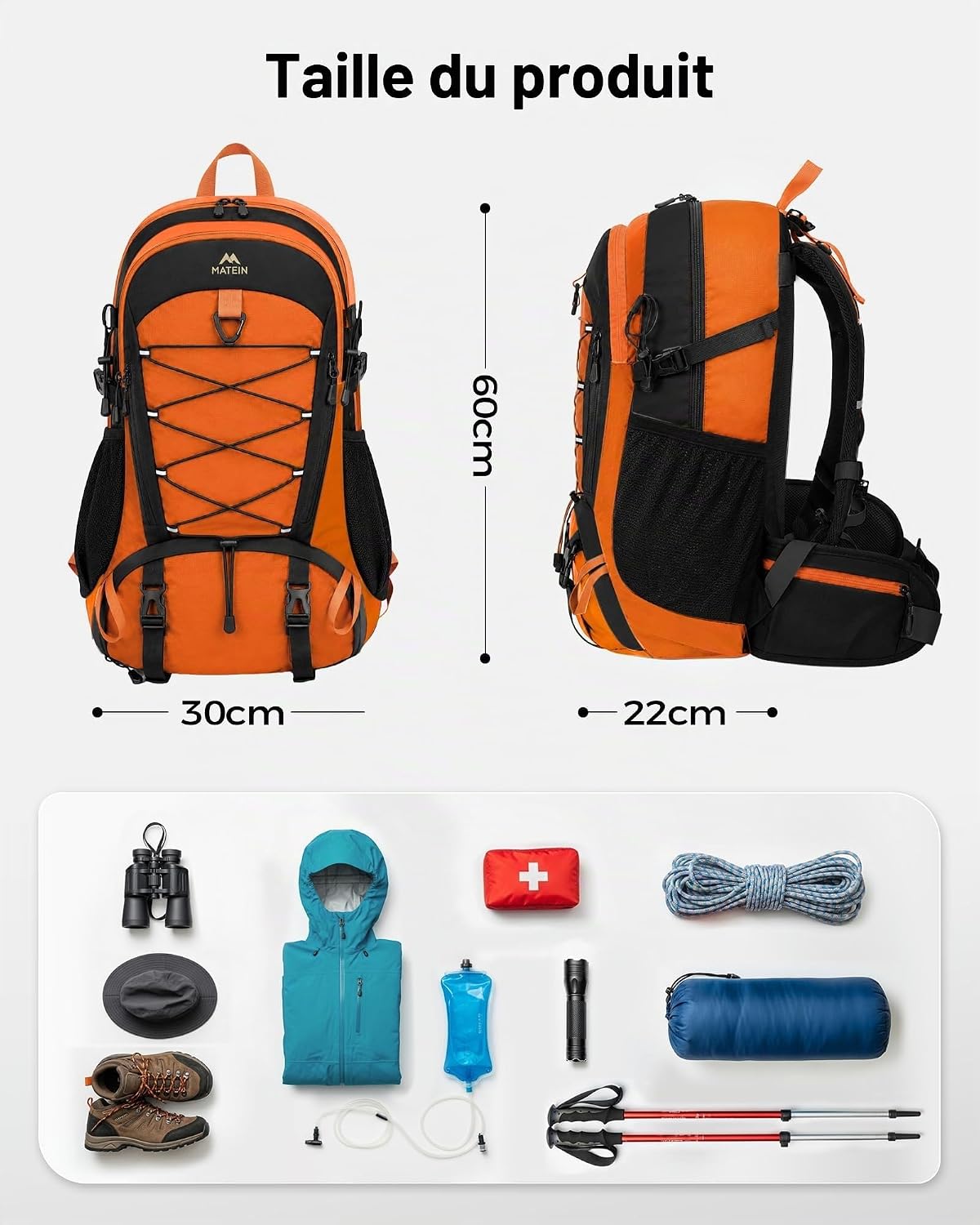 Detalle de MATEIN-wandelrugzak van 40 liter met schoenenvak en regenhoes