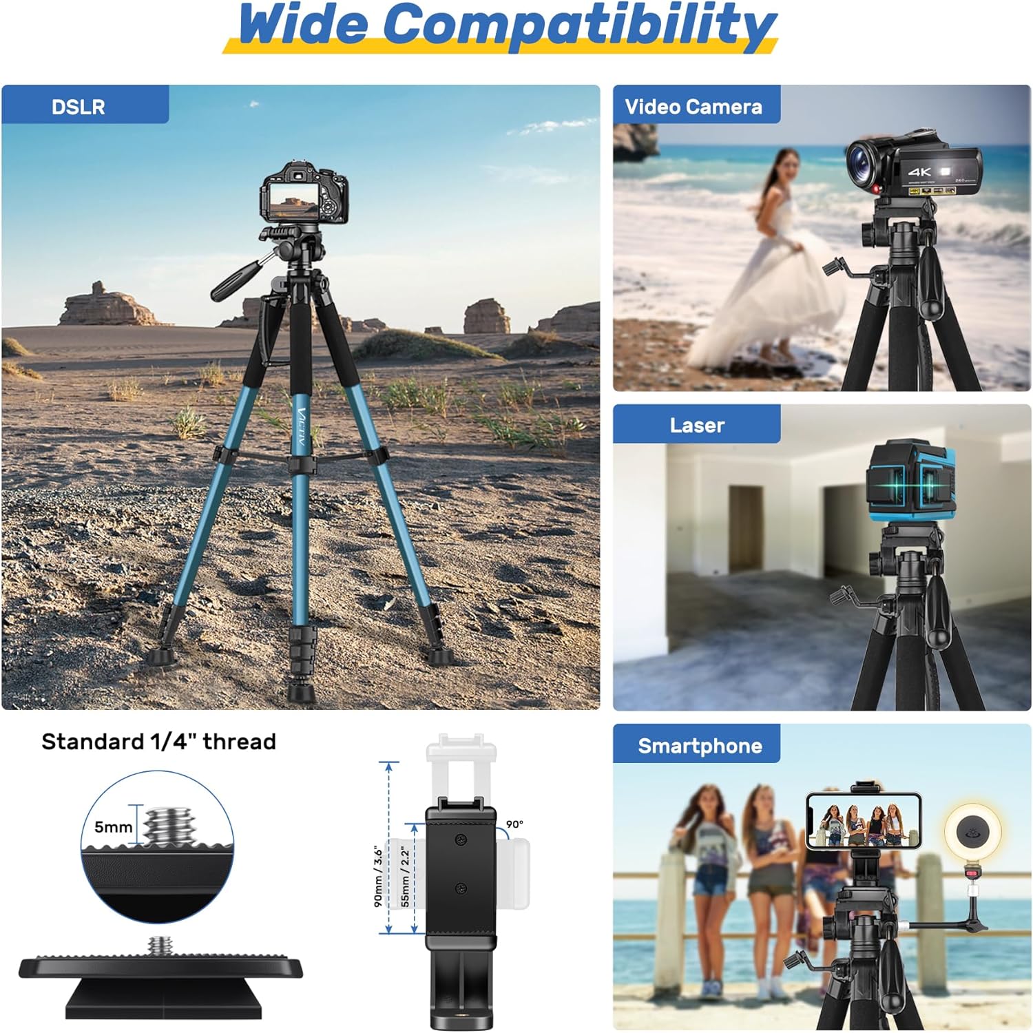 Thumbnail 2 de Victiv 188cm Camera Tripod with Detachable 3-way Swivel Head, Phone Holder & Remote Control (Blue)