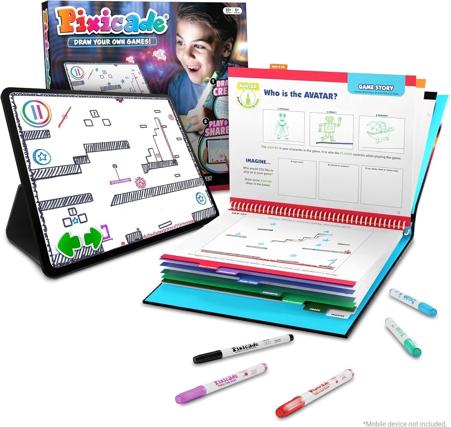 Detalle de Abacus Brands Pixicade – spelbyggarset med 5 tvättbara tuschpennor och 108-sidig bok