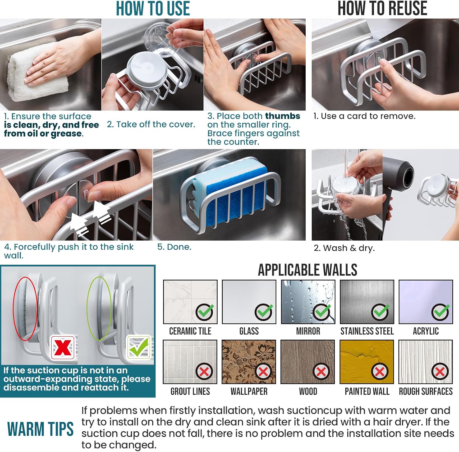 Detalle de TAILI Sponge Holder for Kitchen Sink with Strong Suction Cup and Rustproof Aluminum Caddy