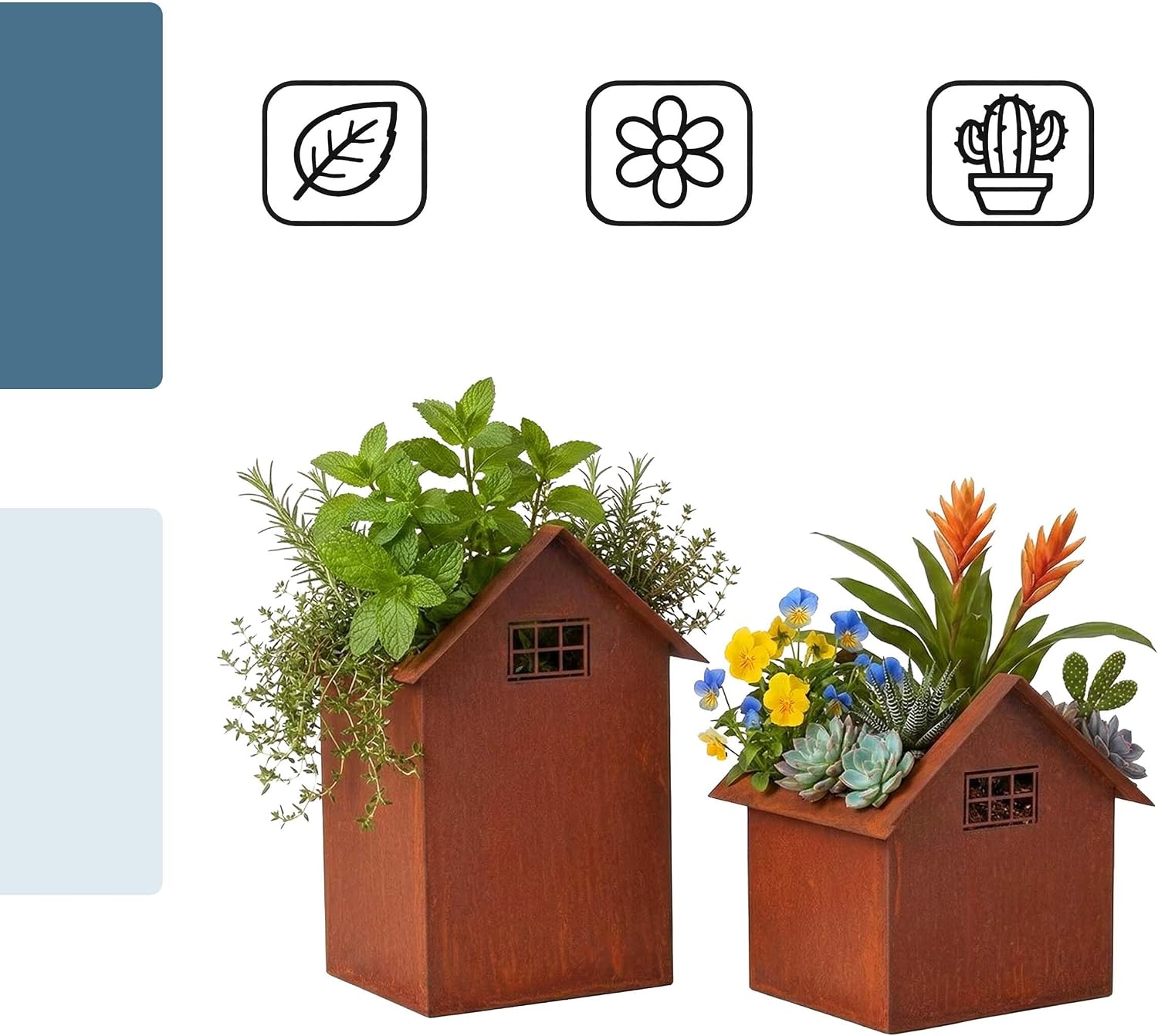 Detalle de Relaxdays dekorationshus i stål, 2-pack med rostfinish för blommor och ljus