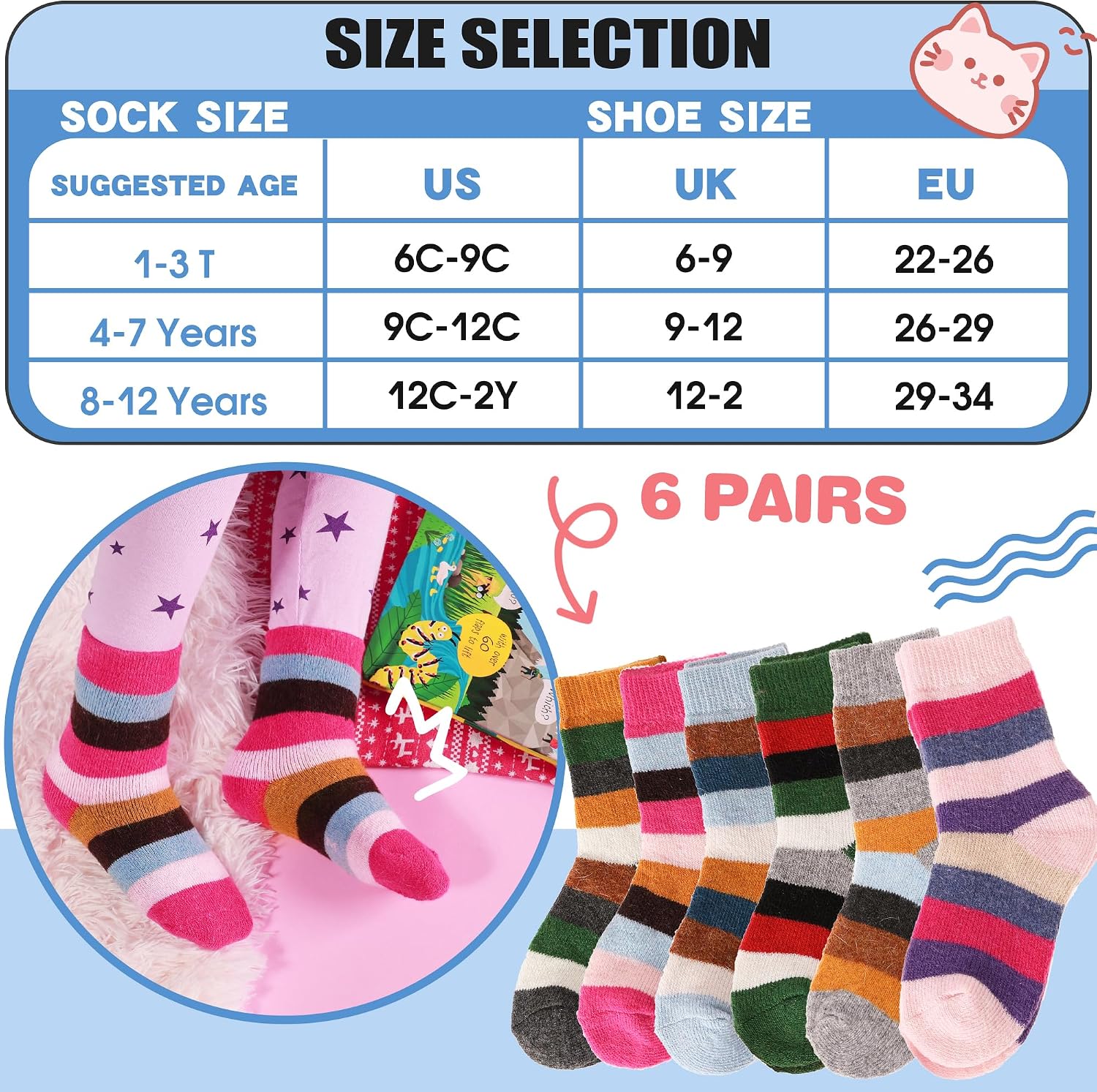 Detalle 2 de ANTSANG Kids Merino Wool Hiking Socks, 6 Pairs, Cushioned Crew Boot Socks