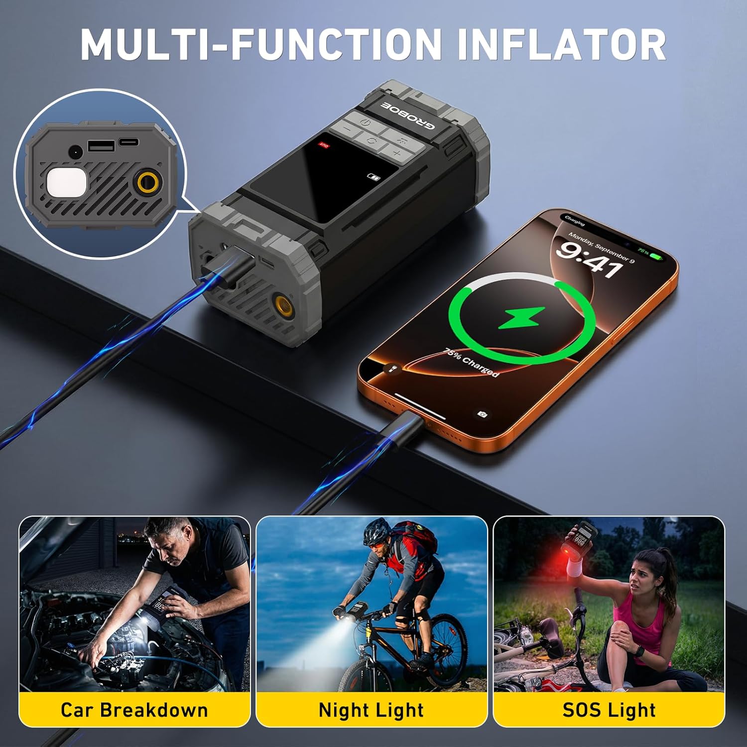 Thumbnail 5 de GROBOE Tyre Inflator Air Compressor: Portable 12V Cordless with Digital Gauge