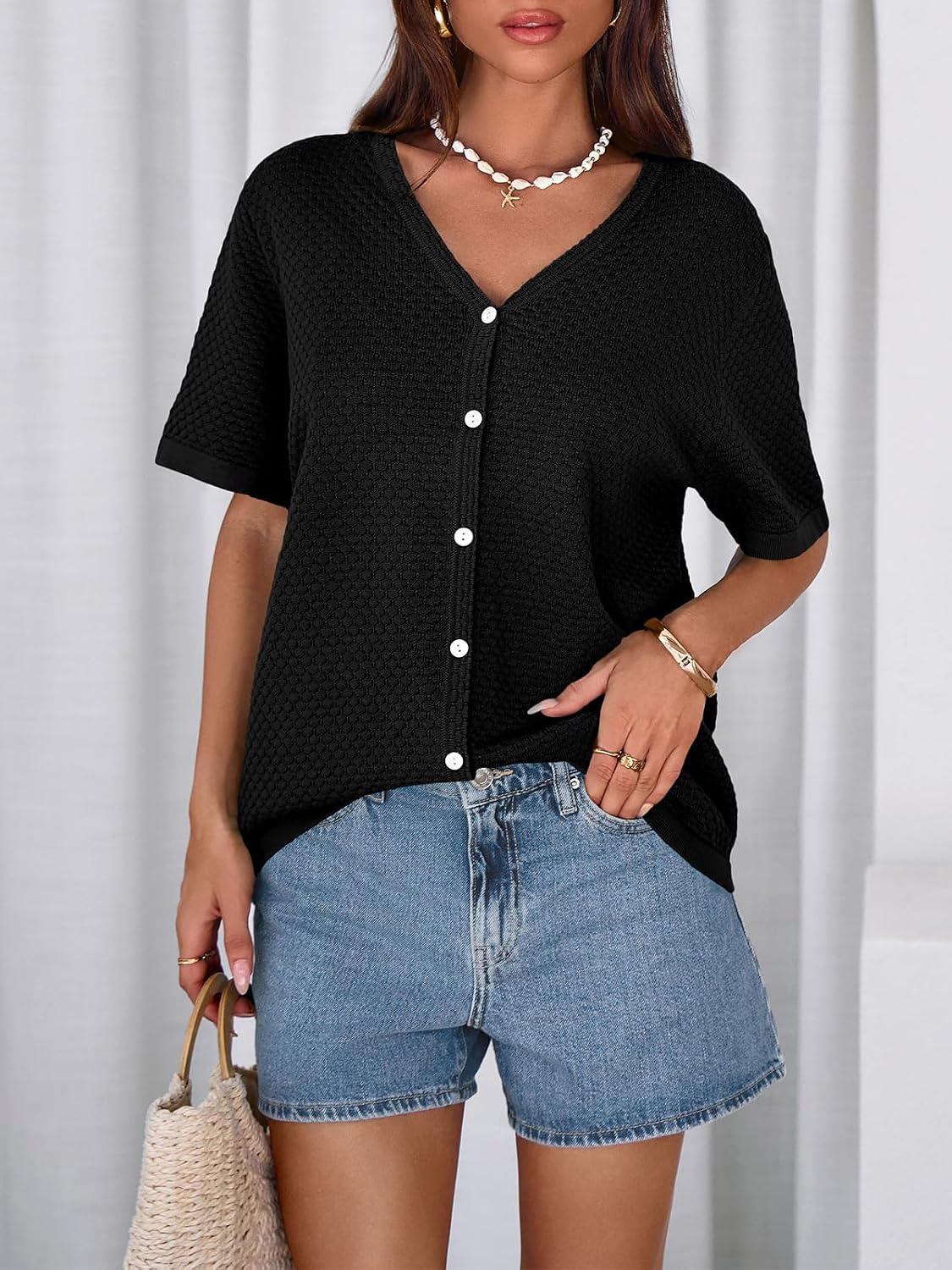 Detalle 2 de NALANISA V-Neck Striped Crochet Knit Top