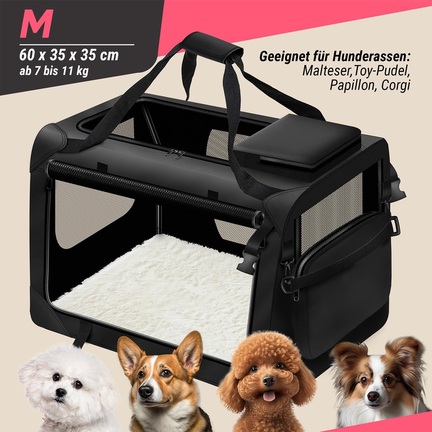 Detalle 2 de Hunde-Transportbox M 62×42×42 cm faltbare Hundetasche